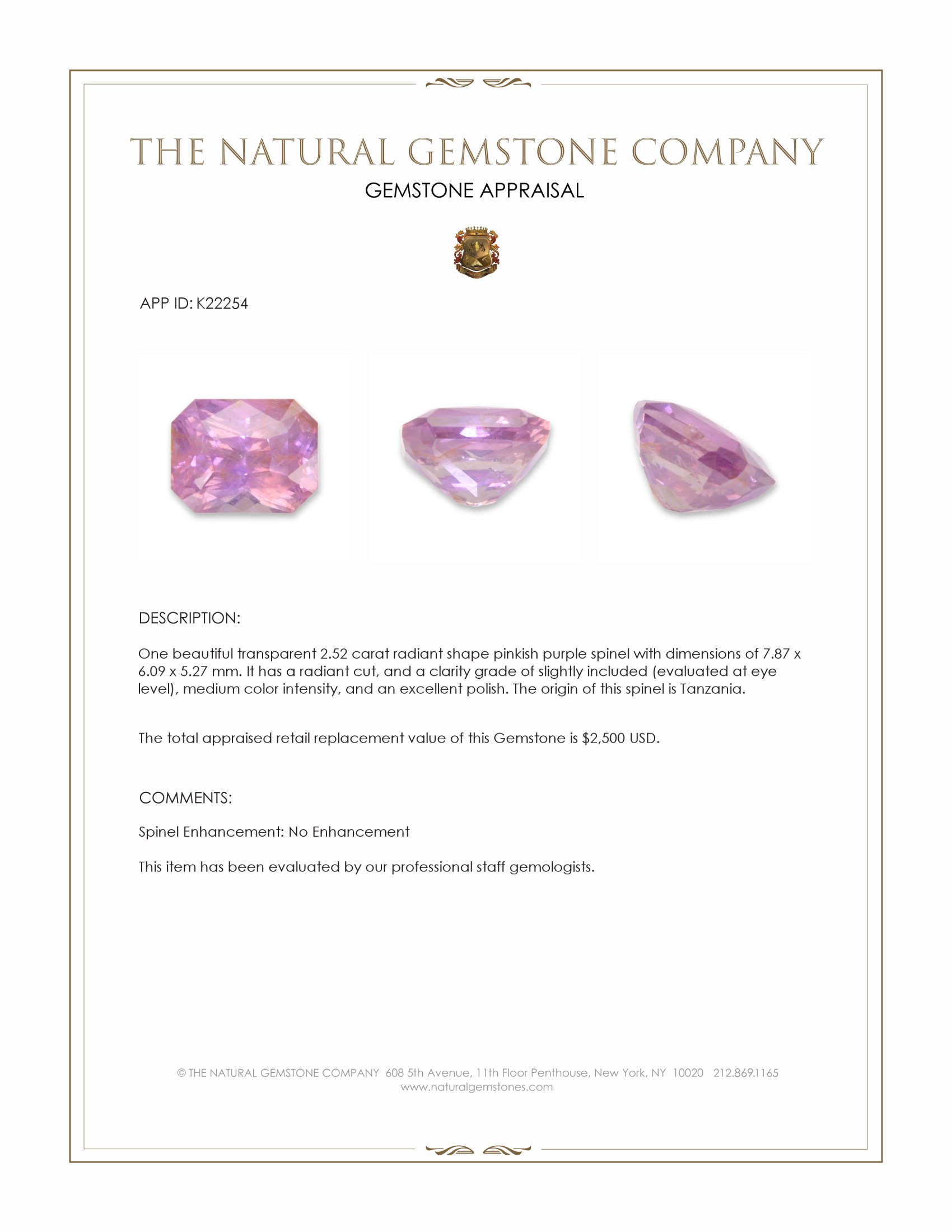 2.52 Ct. Pinkish Purple Spinel from Tanzania