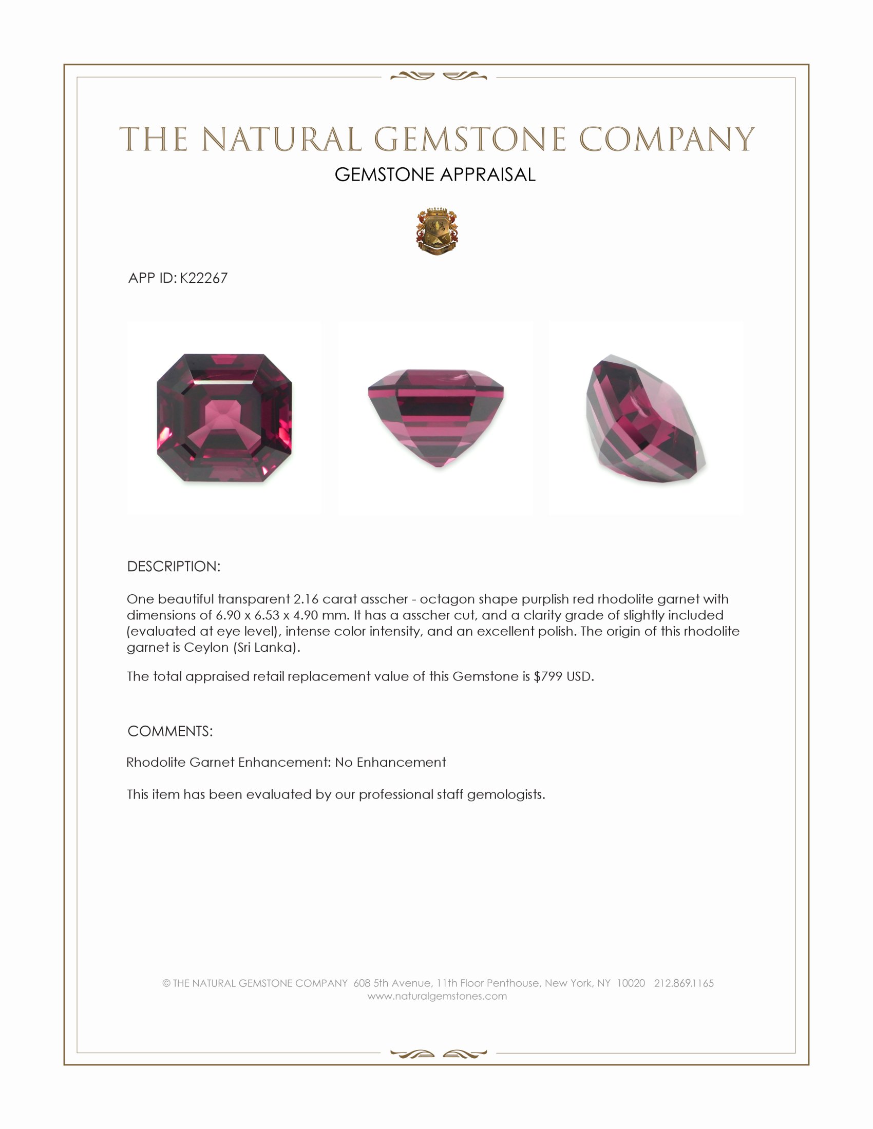 2.16 Ct. Purplish Red Rhodolite Garnet from Ceylon (Sri Lanka)