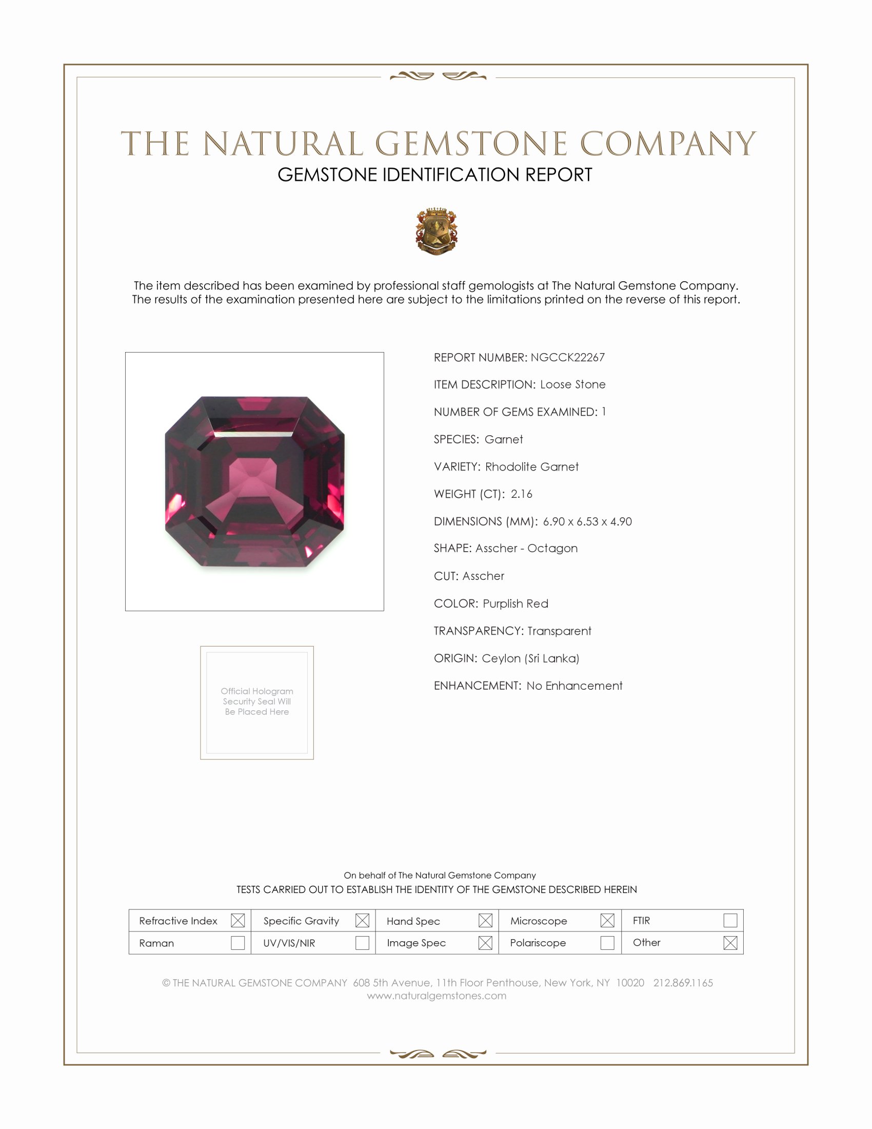 2.16 Ct. Purplish Red Rhodolite Garnet from Ceylon (Sri Lanka)