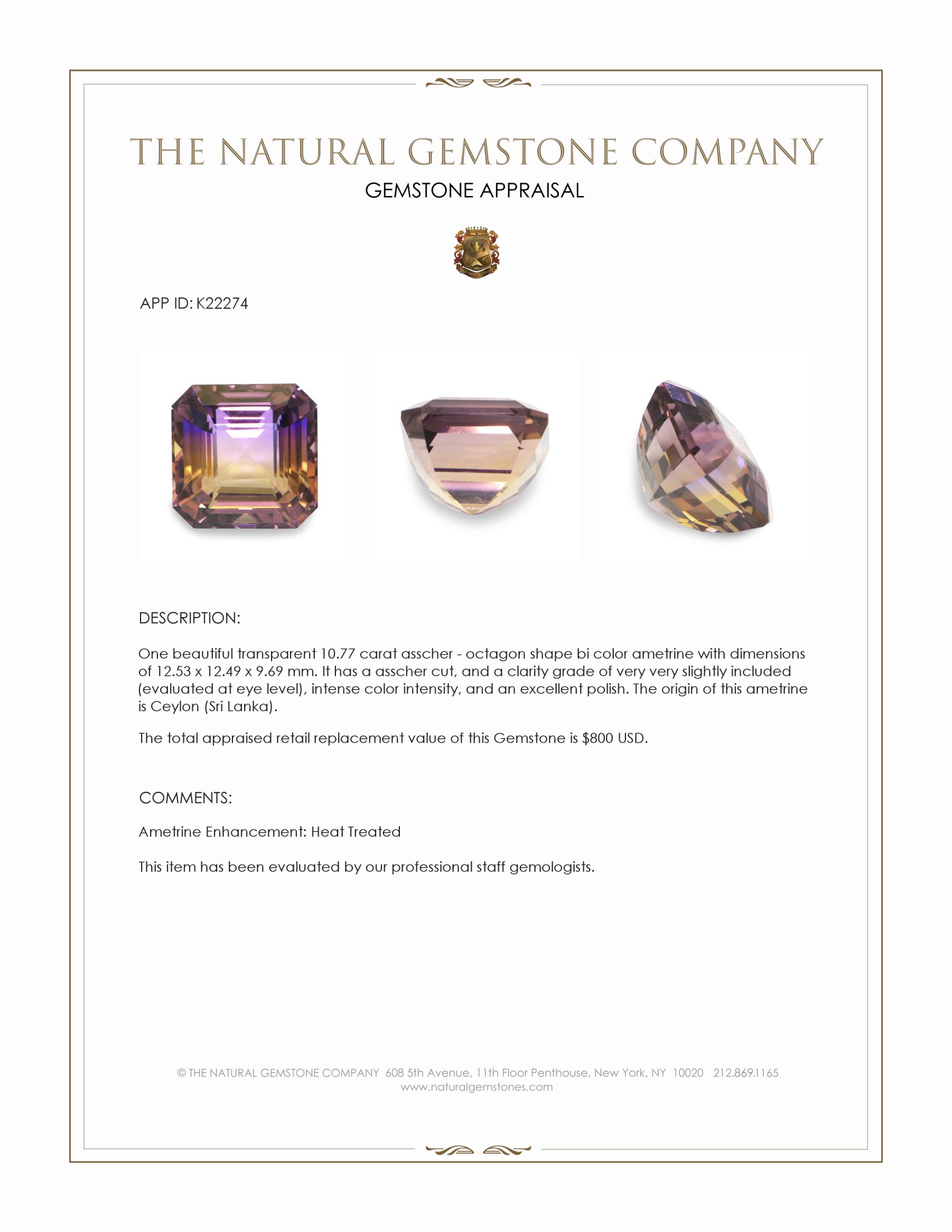 10.77 Ct. Bi Color Ametrine from Ceylon (Sri Lanka)