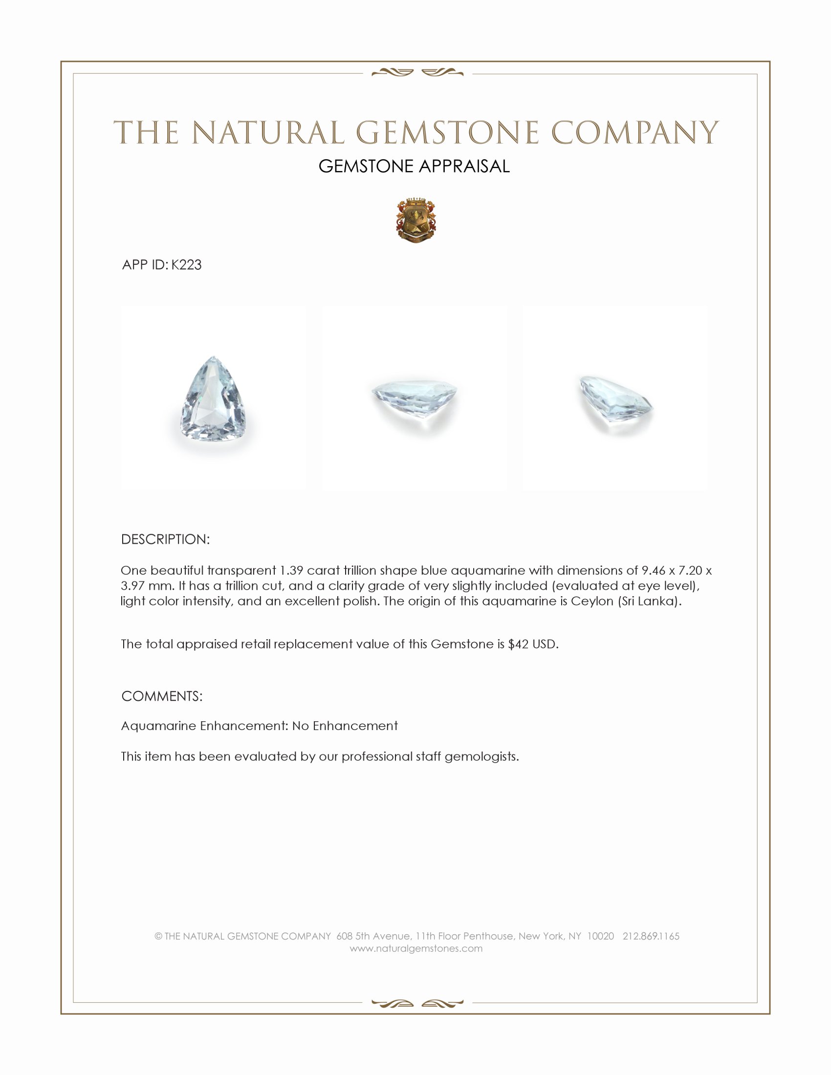 1.39 Ct. Blue Aquamarine from Ceylon (Sri Lanka)