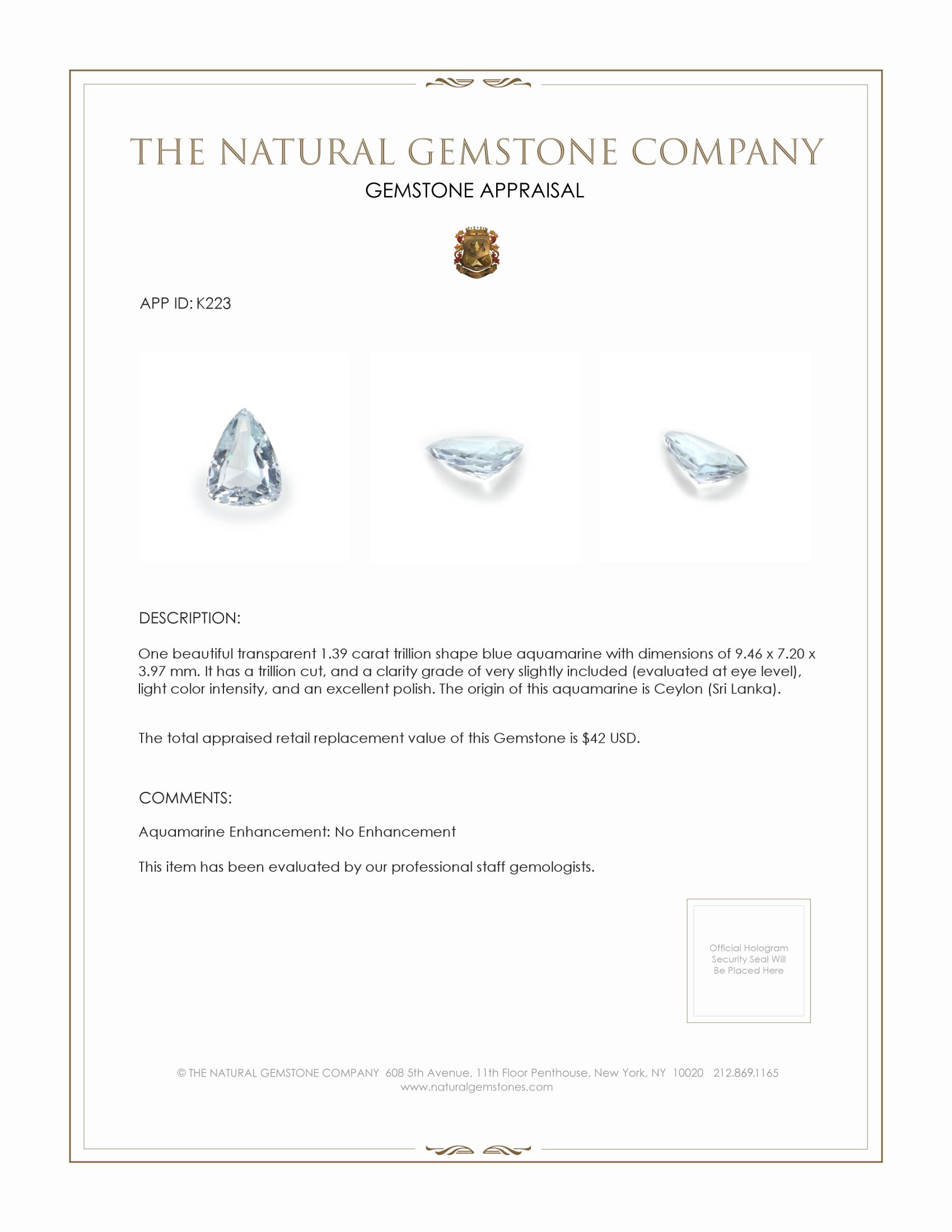 1.39 Ct. Aquamarine from Ceylon (Sri Lanka)
