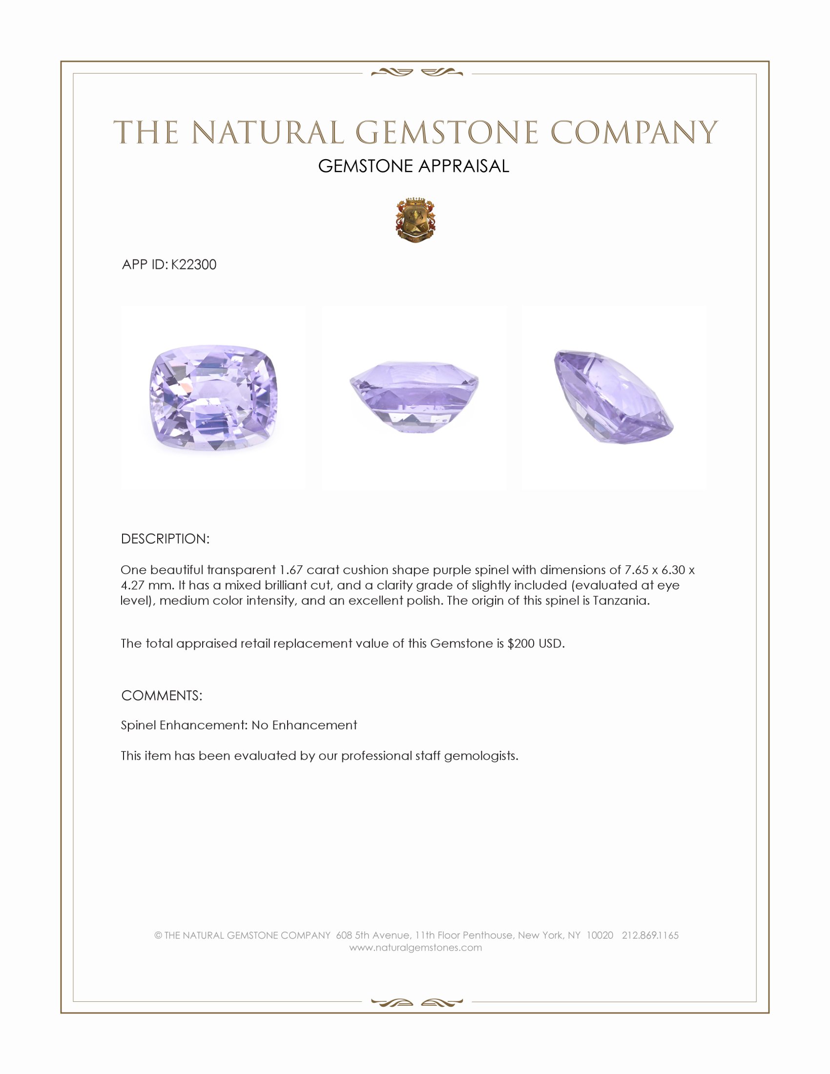 1.67 Ct. Purple Spinel from Tanzania