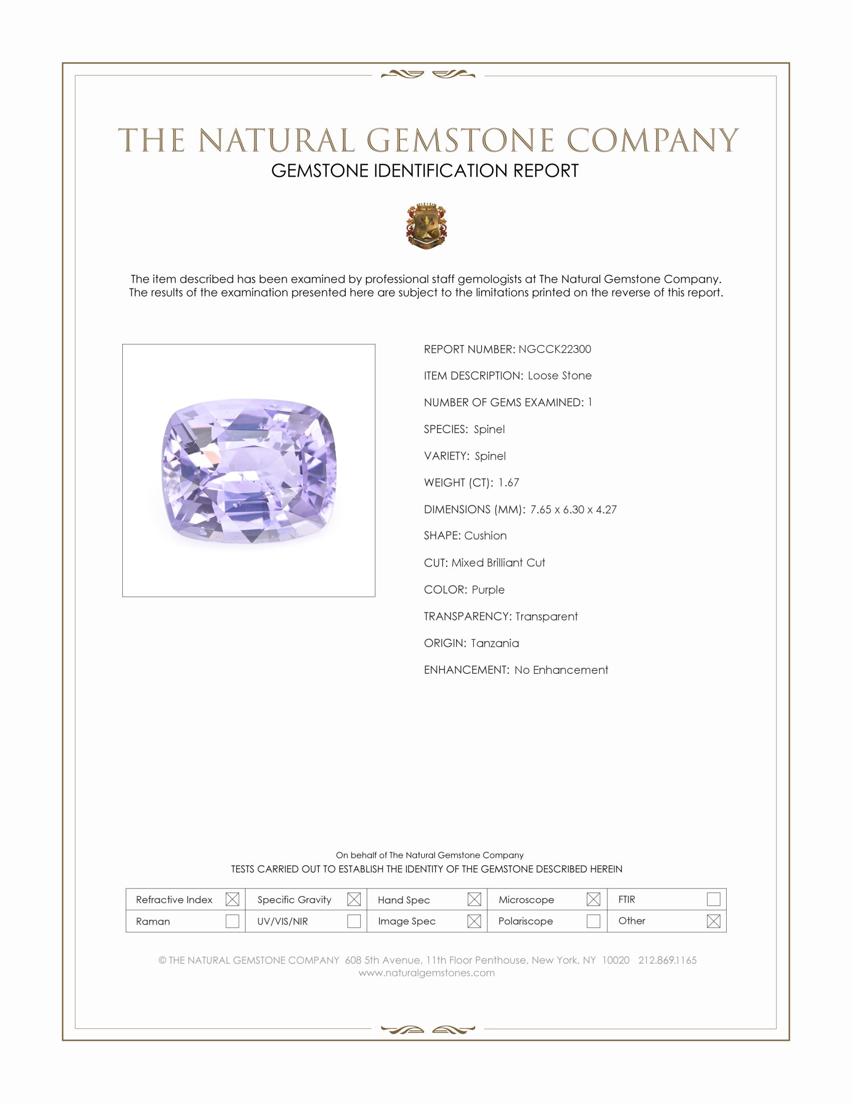 1.67 Ct. Purple Spinel from Tanzania