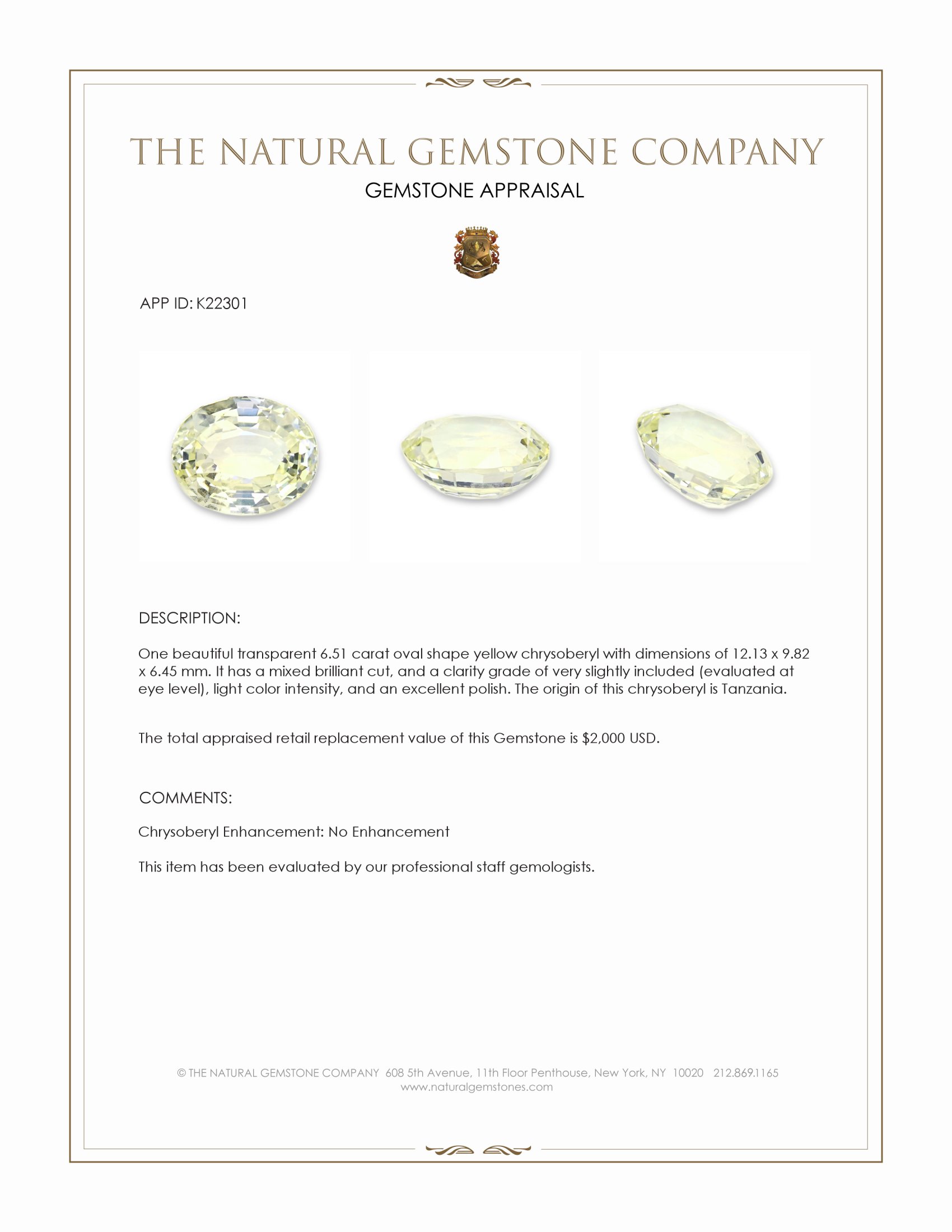 6.51 Ct. Yellow Chrysoberyl from Tanzania