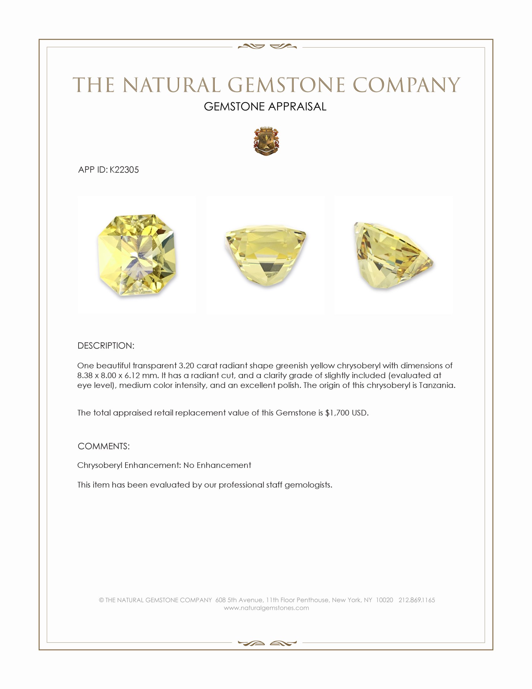 3.20 Ct. Greenish Yellow Chrysoberyl from Tanzania