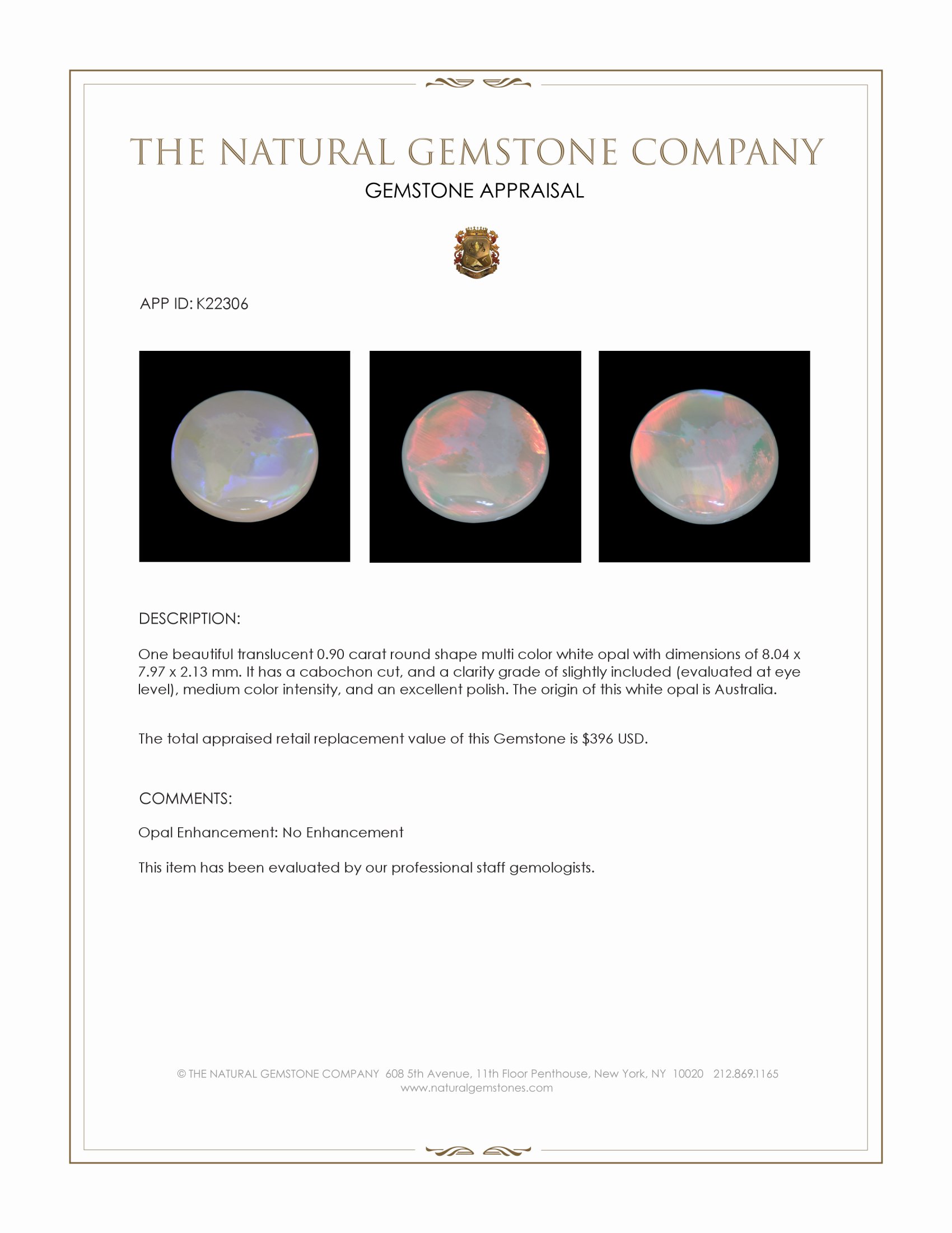 0.90 Ct. Cabochon White Opal from Australia