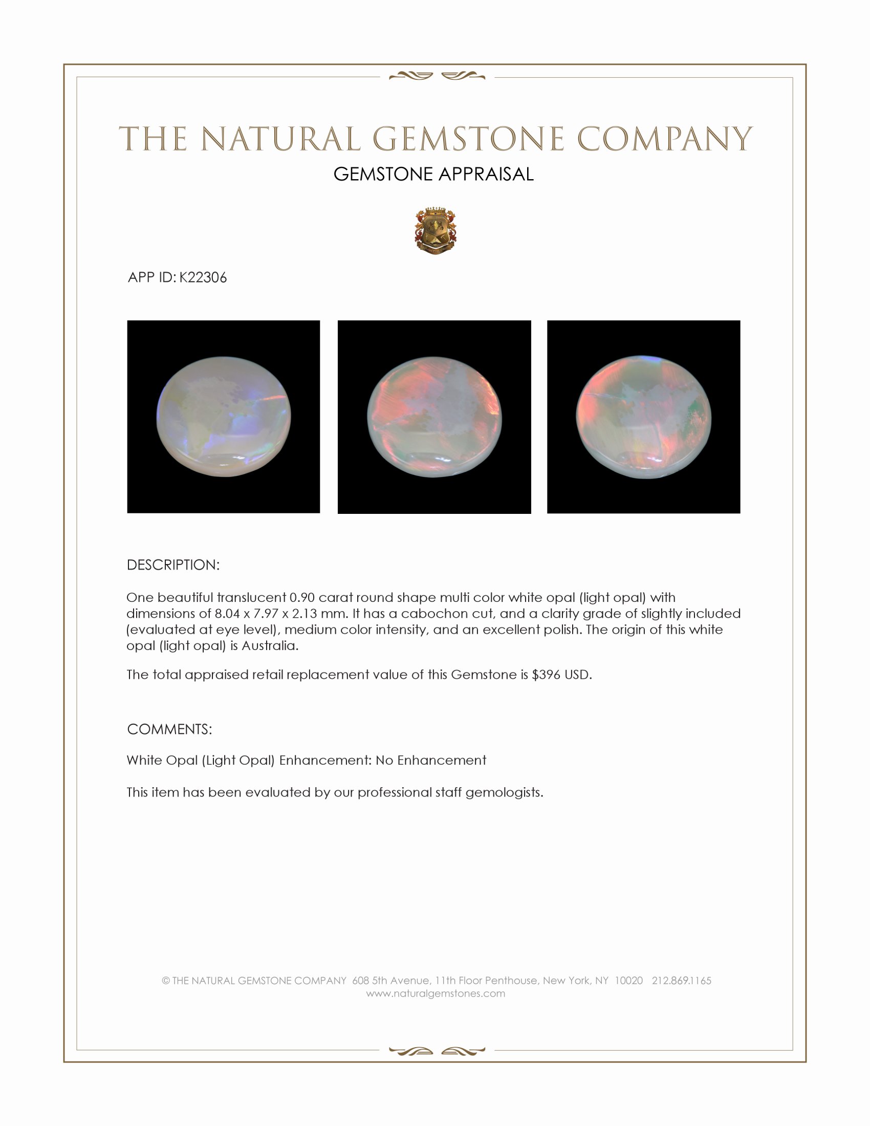 0.90 Ct. Multi Color Cabochon White Opal (Light Opal) from Australia