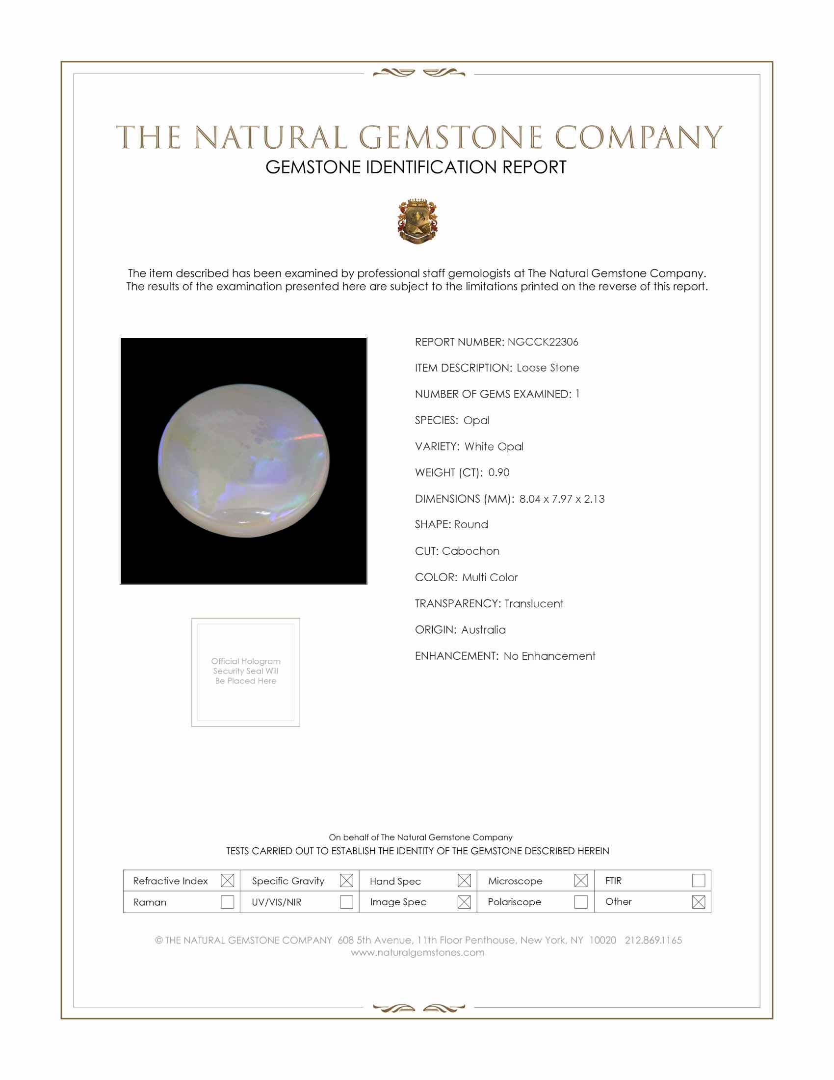 0.90 Ct. Multi Color Cabochon White Opal from Australia