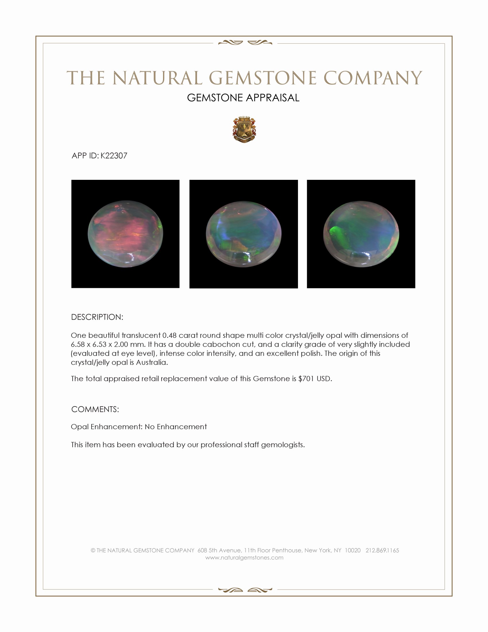 0.48 Ct. Cabochon Crystal/Jelly Opal from Australia