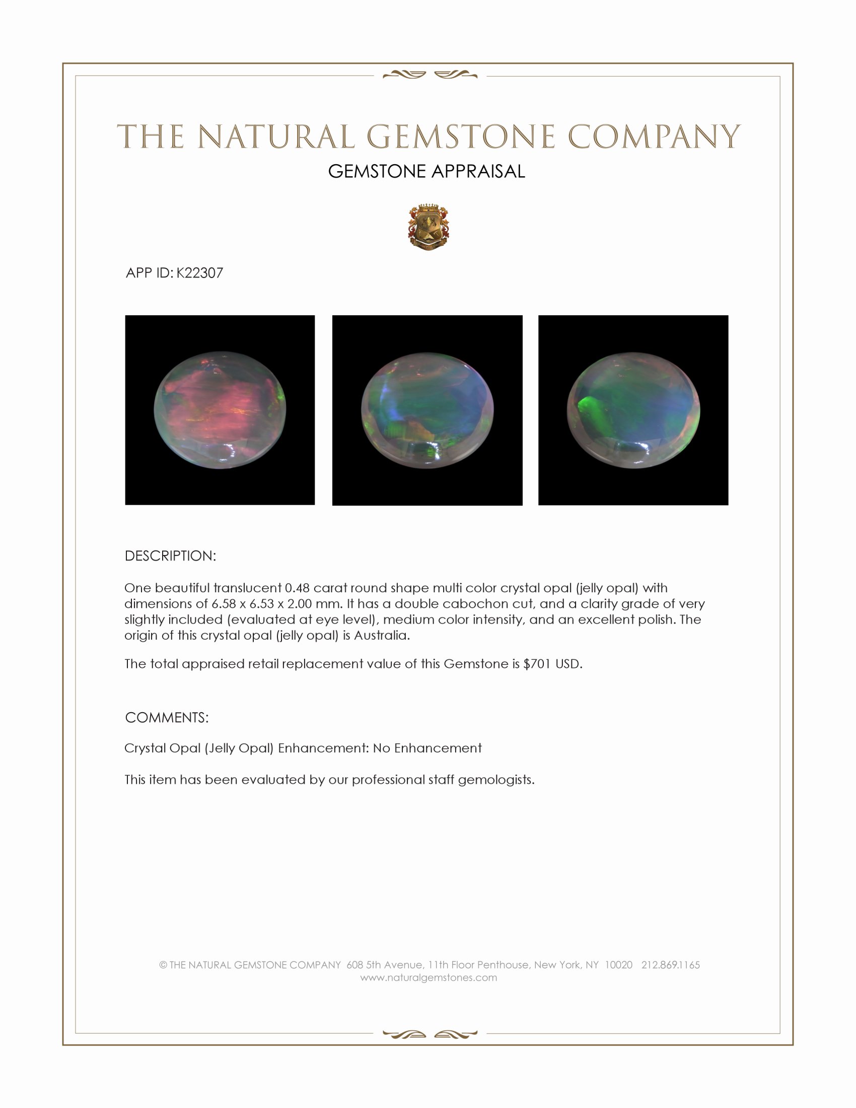 0.48 Ct. Multi Color Cabochon Crystal Opal (Jelly Opal) from Australia