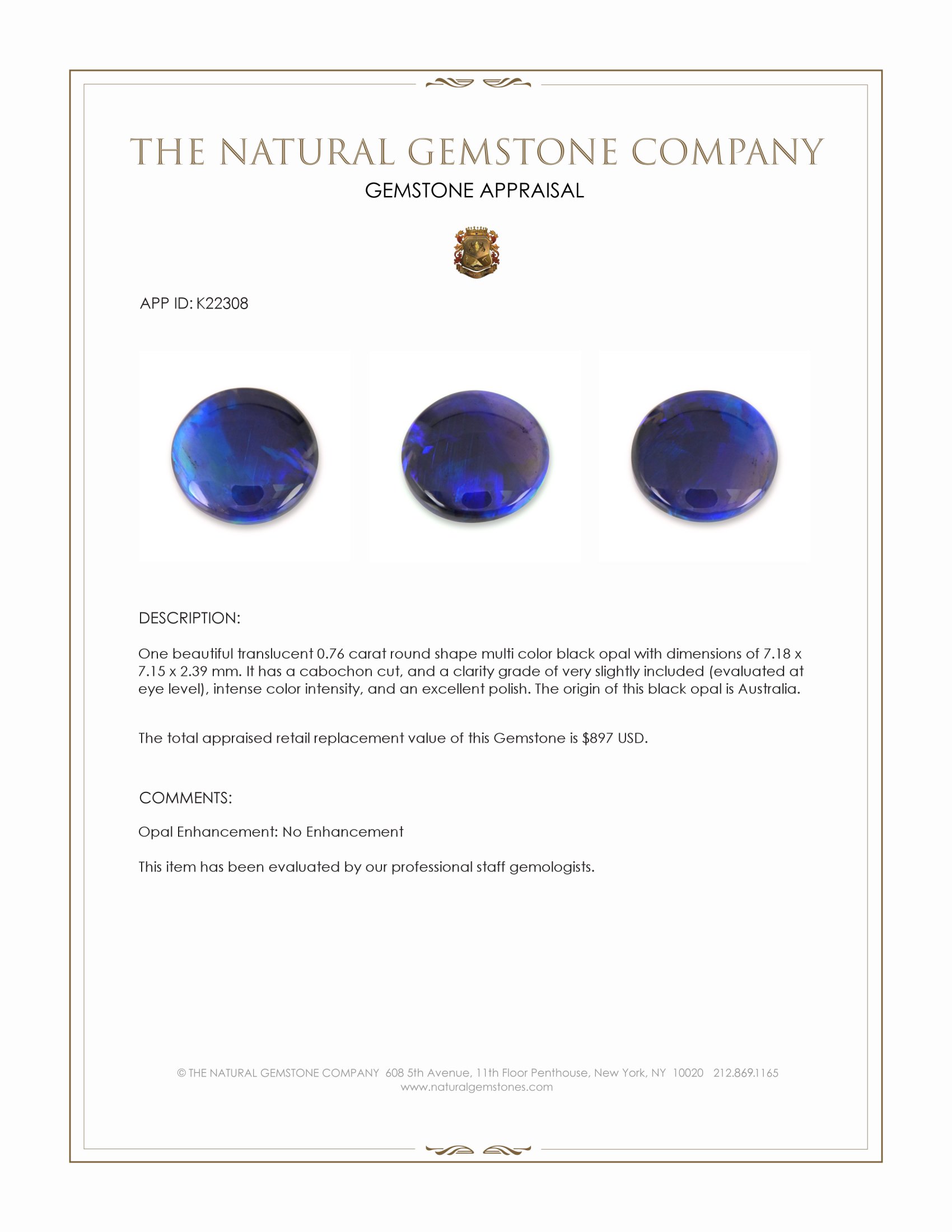 0.76 Ct. Cabochon Black Opal from Australia