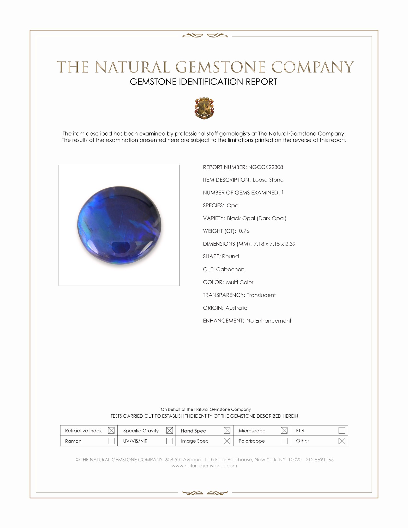 0.76 Ct. Multi Color Cabochon Black Opal (Dark Opal) from Australia