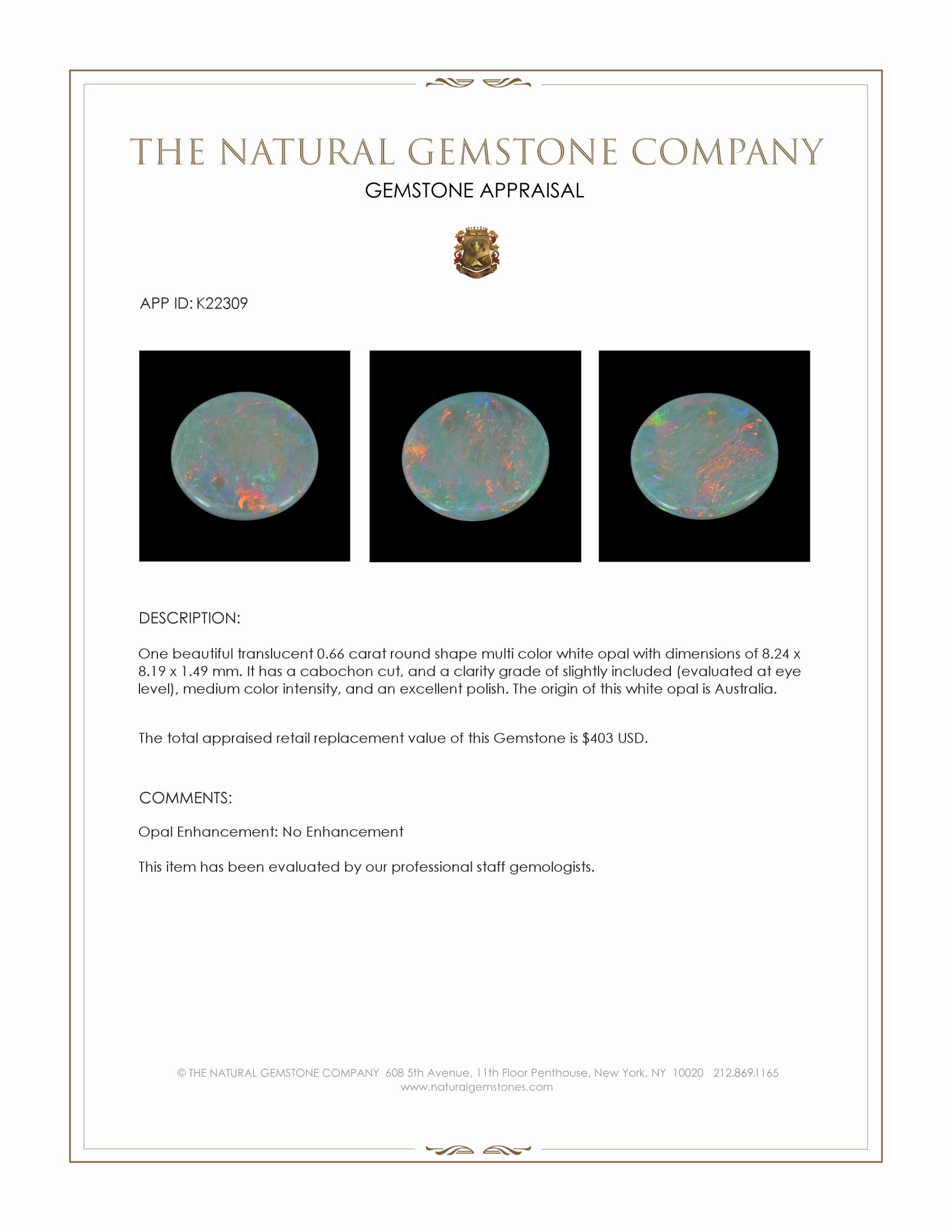 0.66 Ct. Cabochon White Opal from Australia