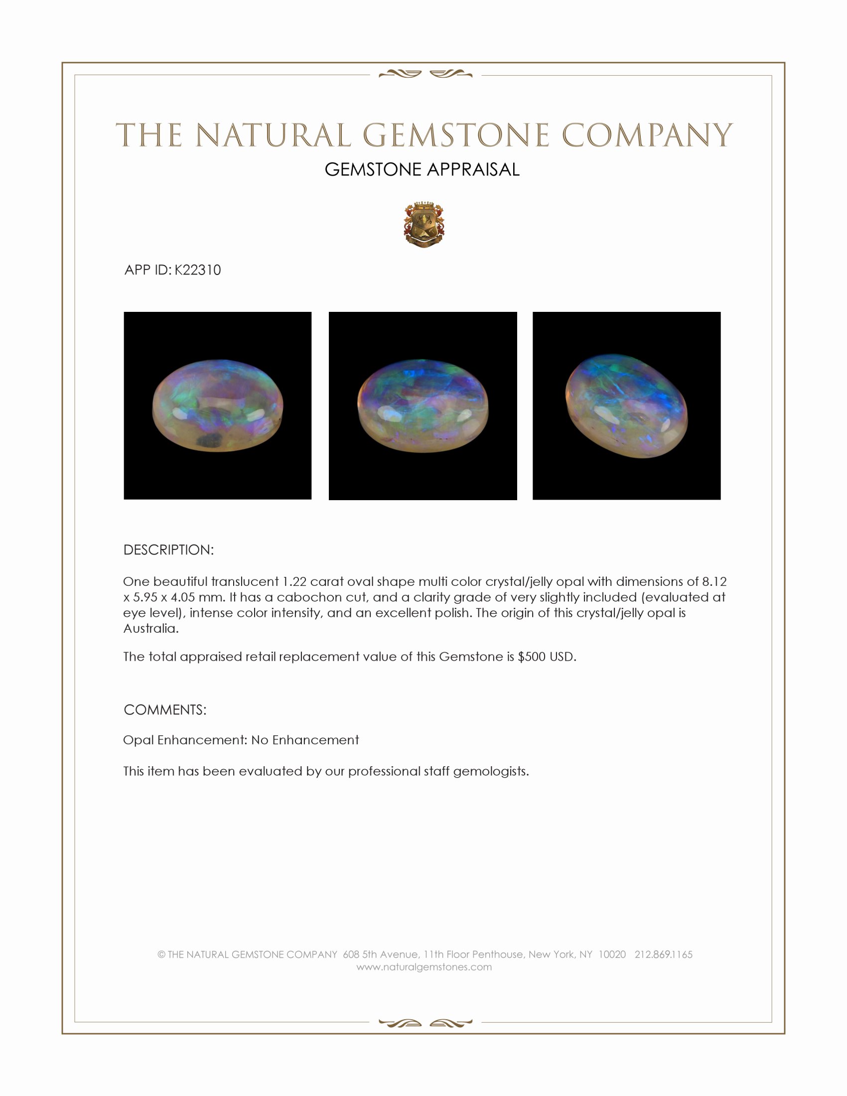 1.22 Ct. Multi Color Cabochon Crystal Opal (Jelly Opal) from Australia