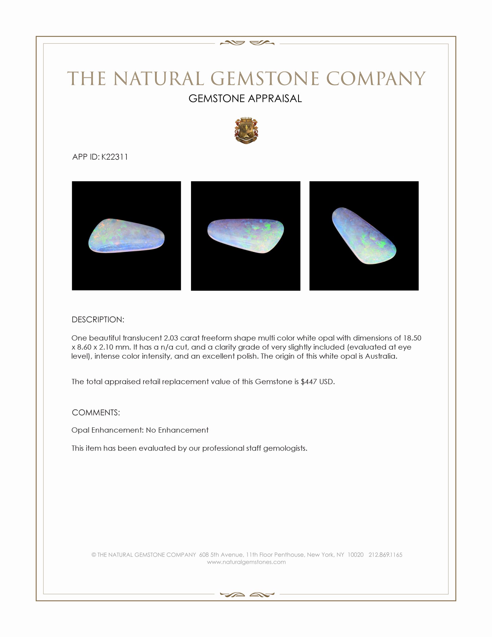 2.03 Ct. Cabochon White Opal from Australia