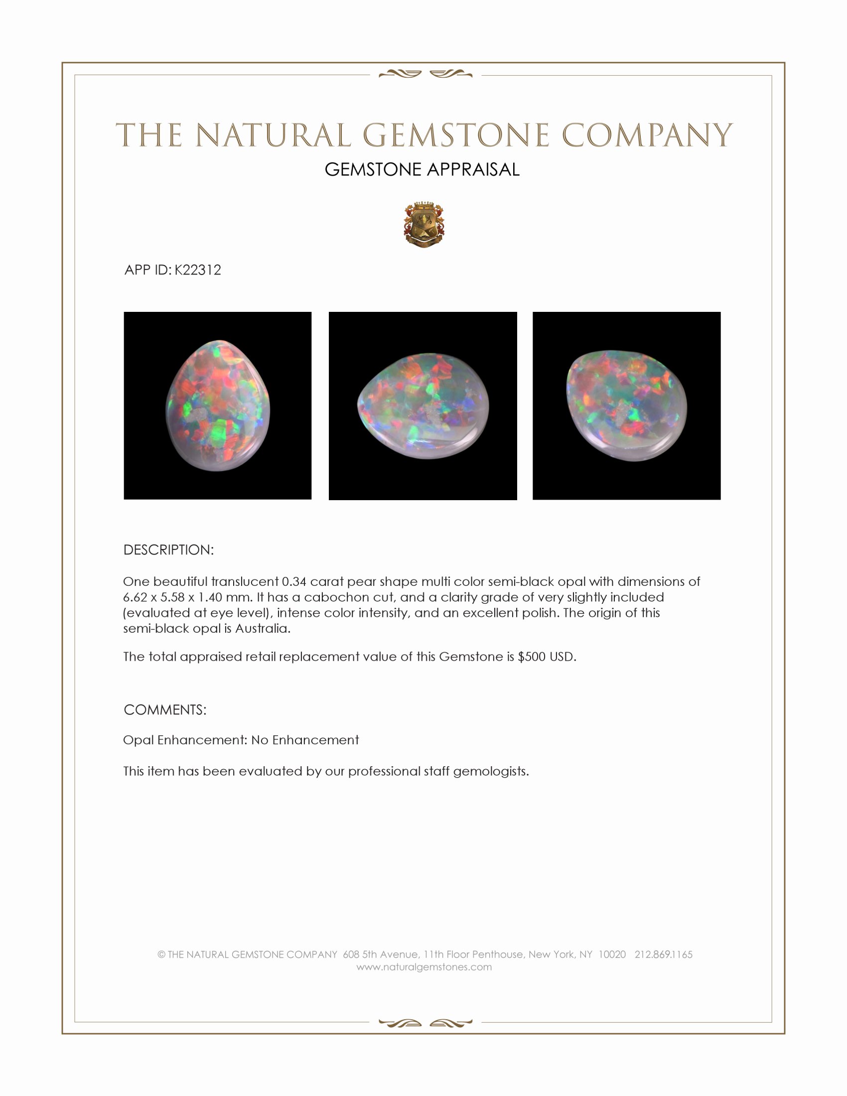 0.34 Ct. Cabochon Semi-Black Opal from Australia