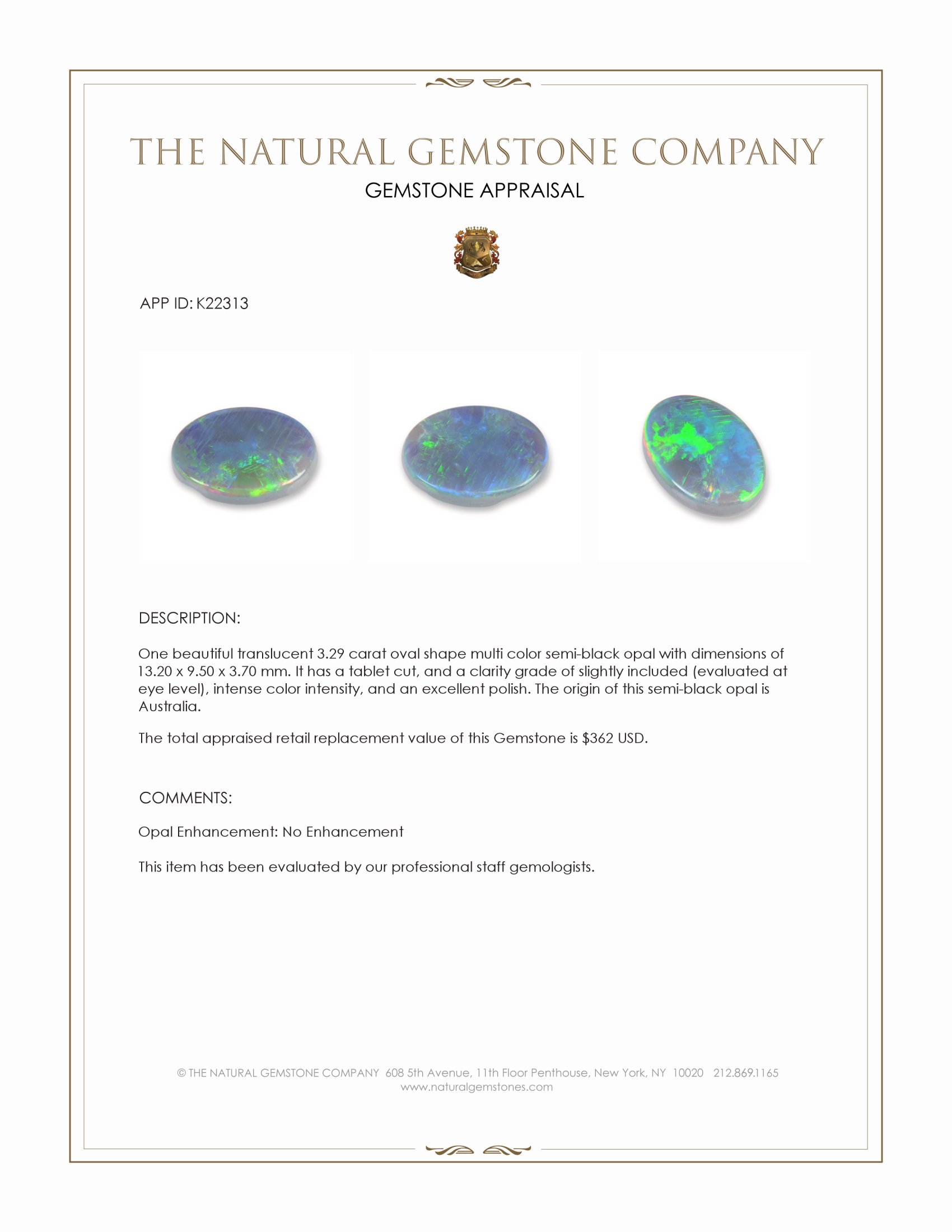 3.29 Ct. Semi-Black Opal from Australia