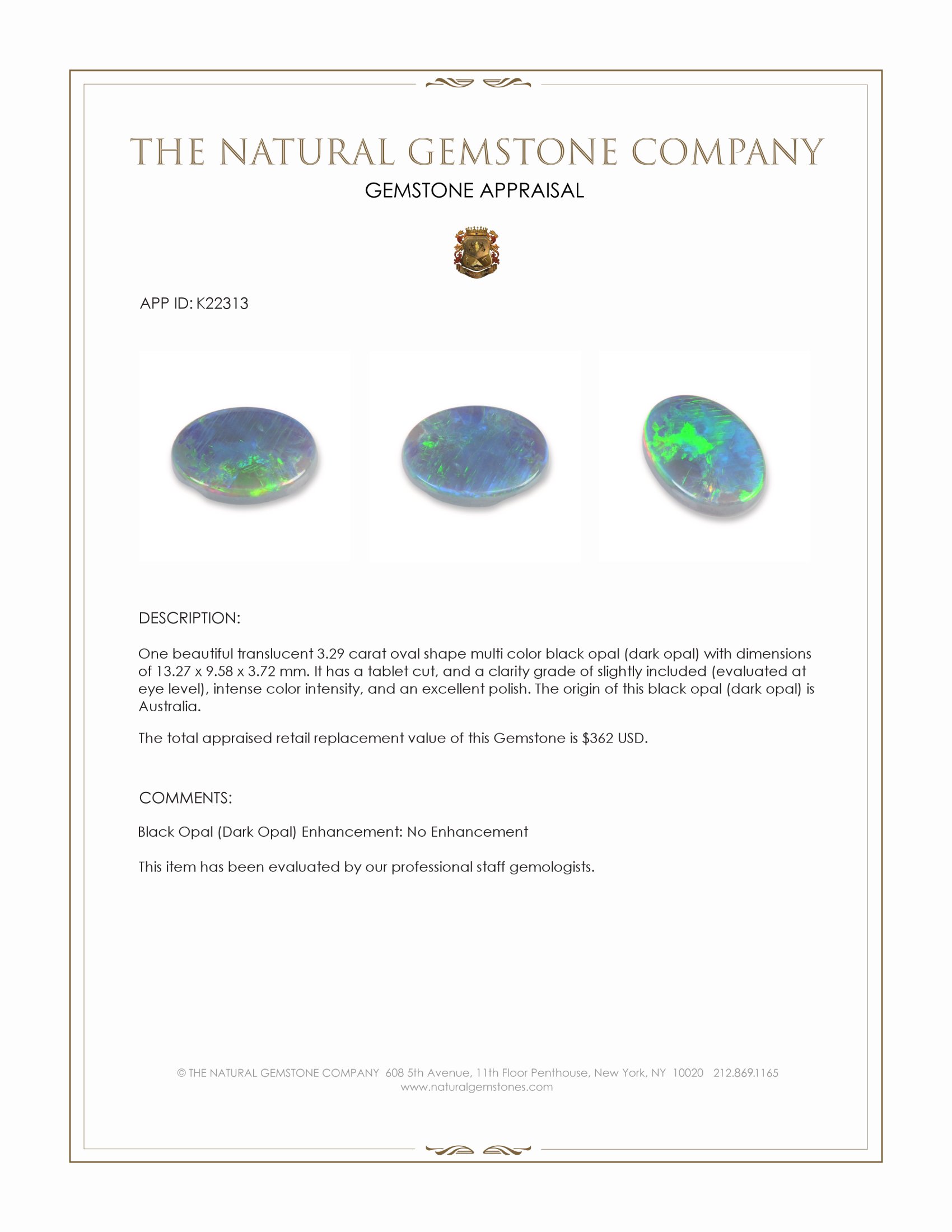 3.29 Ct. Multi Color Black Opal (Dark Opal) from Australia