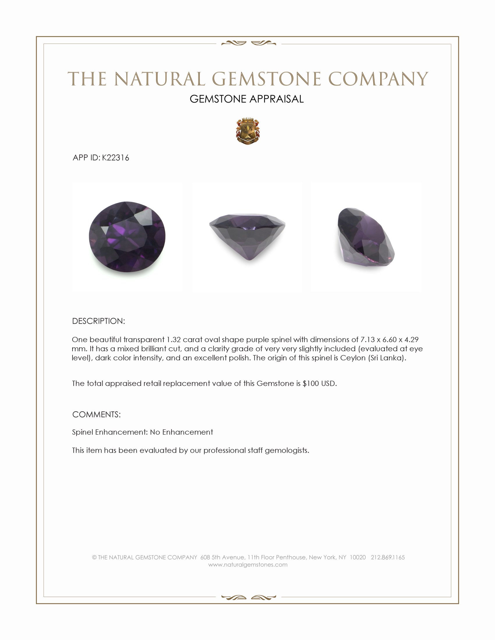 1.32 Ct. Purple Spinel from Ceylon (Sri Lanka)