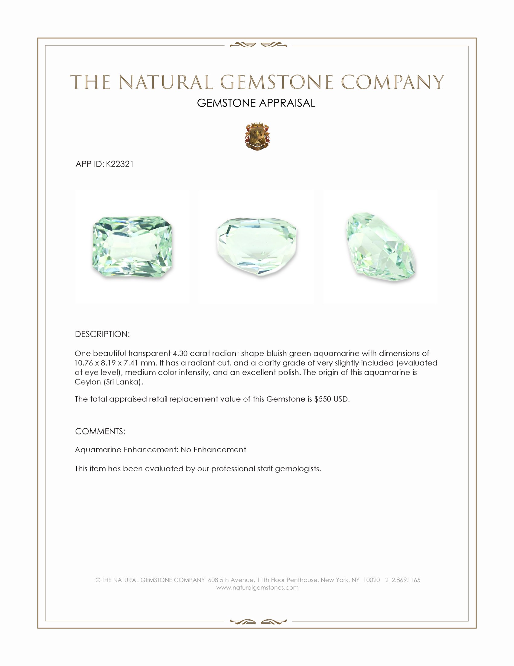 4.30 Ct. Bluish Green Aquamarine from Ceylon (Sri Lanka)