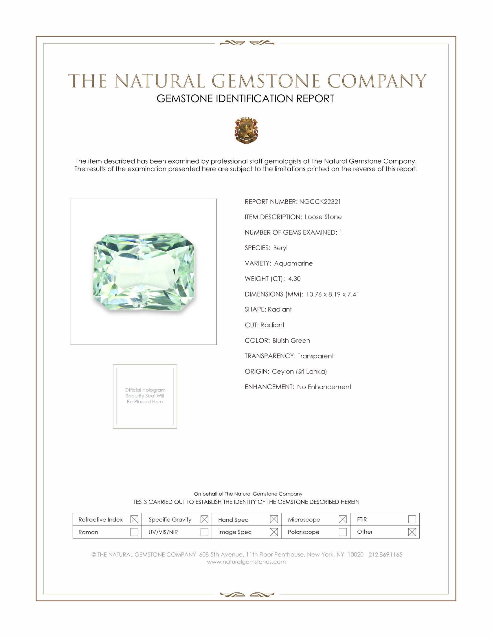 4.30 Ct. Bluish Green Aquamarine from Ceylon (Sri Lanka)