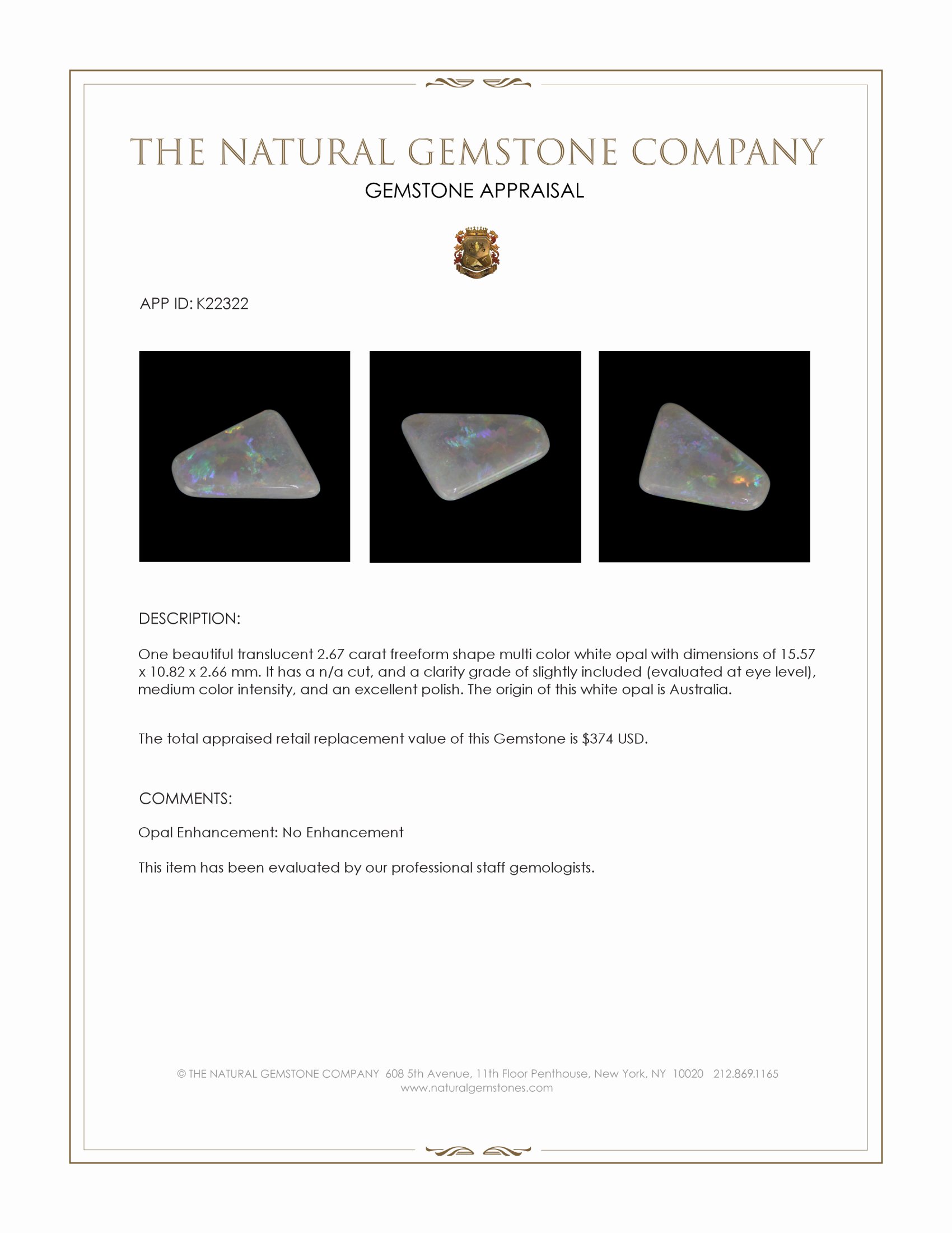 2.67 Ct. Cabochon White Opal from Australia