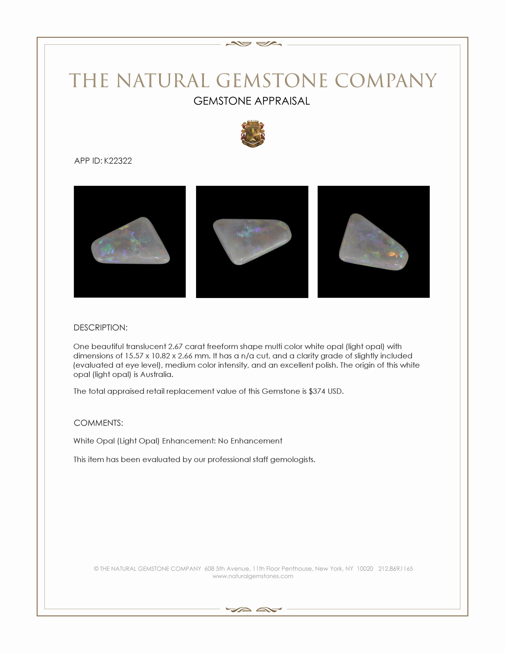 2.67 Ct. Multi Color Cabochon White Opal (Light Opal) from Australia