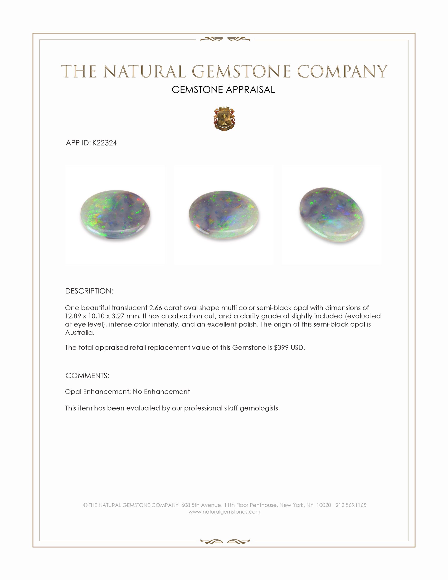 2.66 Ct. Cabochon Semi-Black Opal from Australia