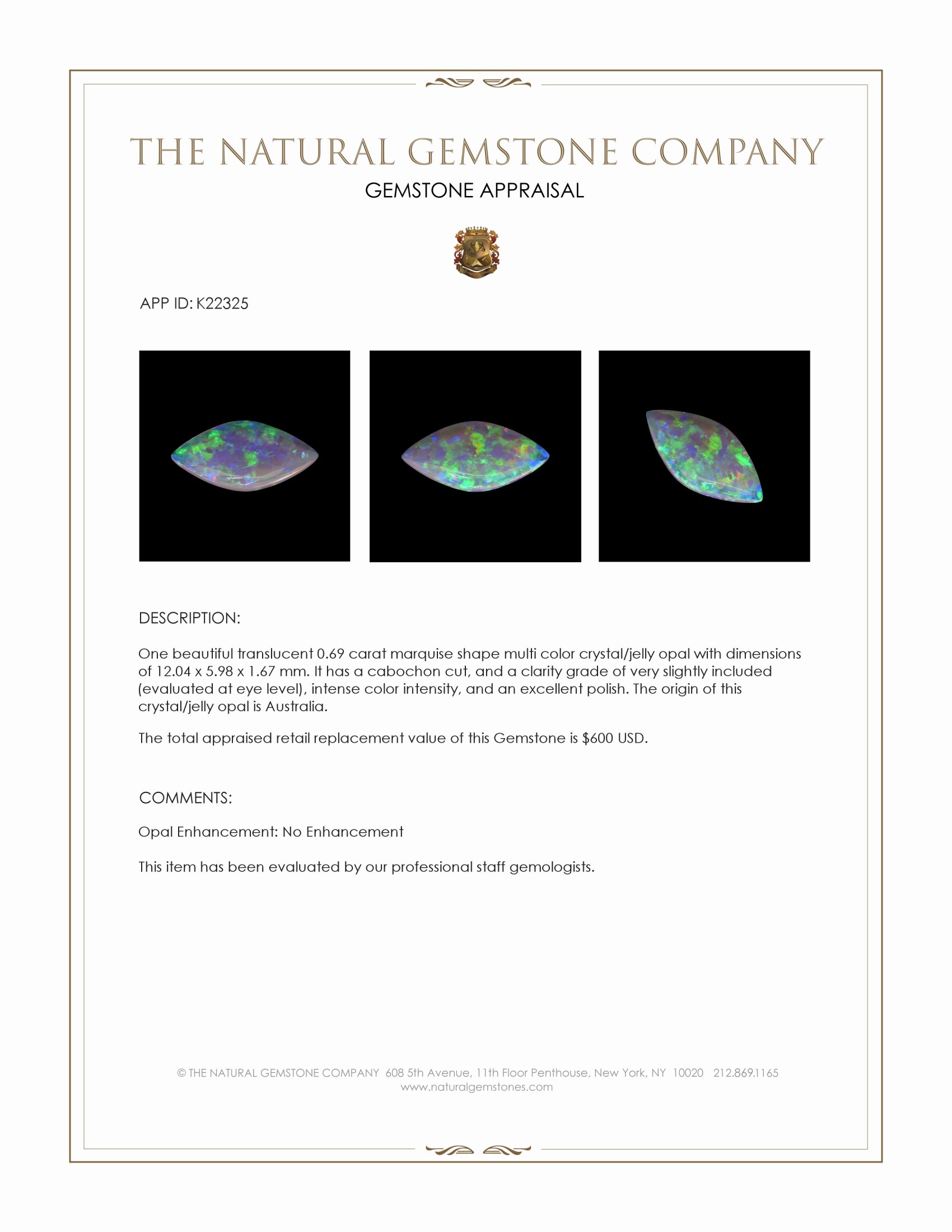 0.69 Ct. Cabochon Crystal/Jelly Opal from Australia