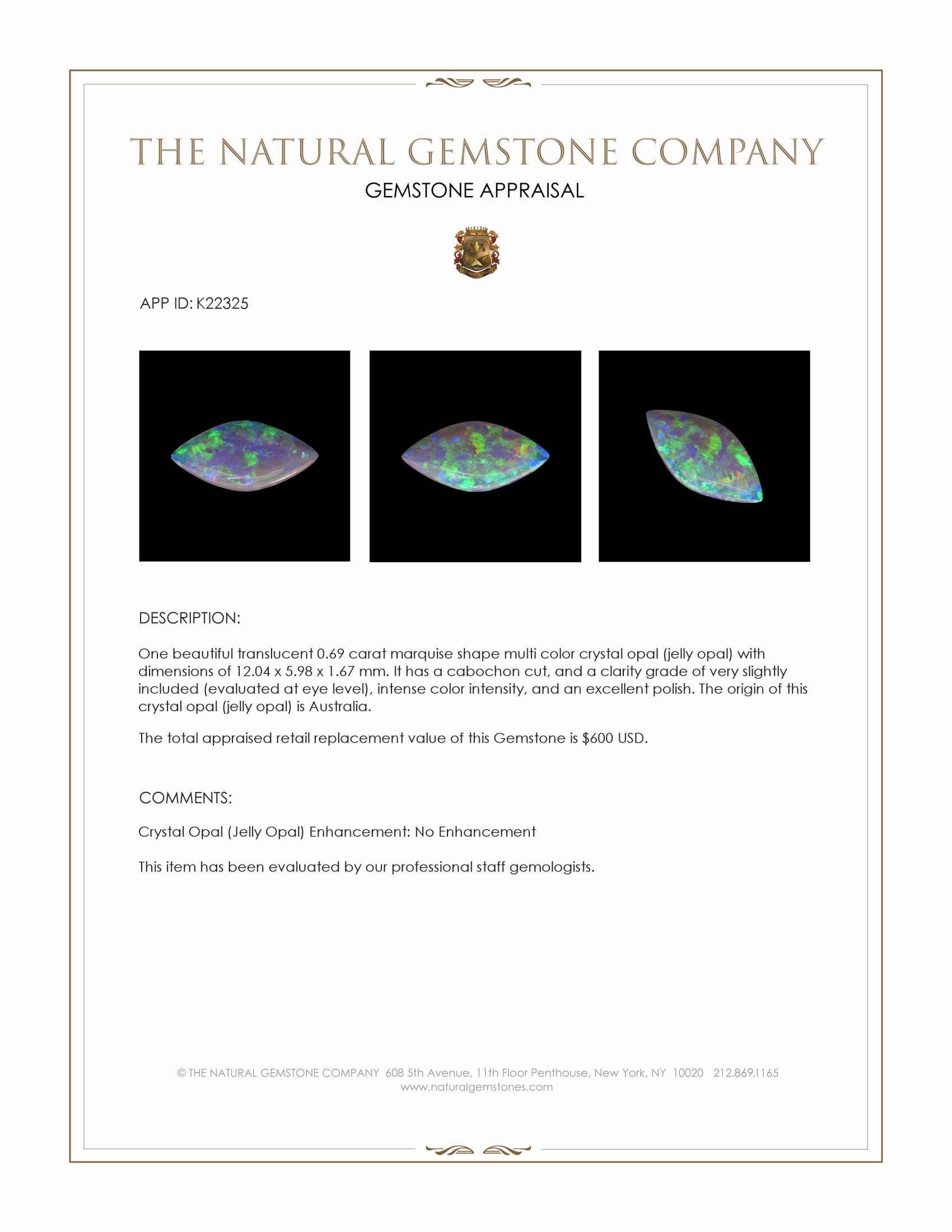 0.69 Ct. Multi Color Cabochon Crystal Opal (Jelly Opal) from Australia