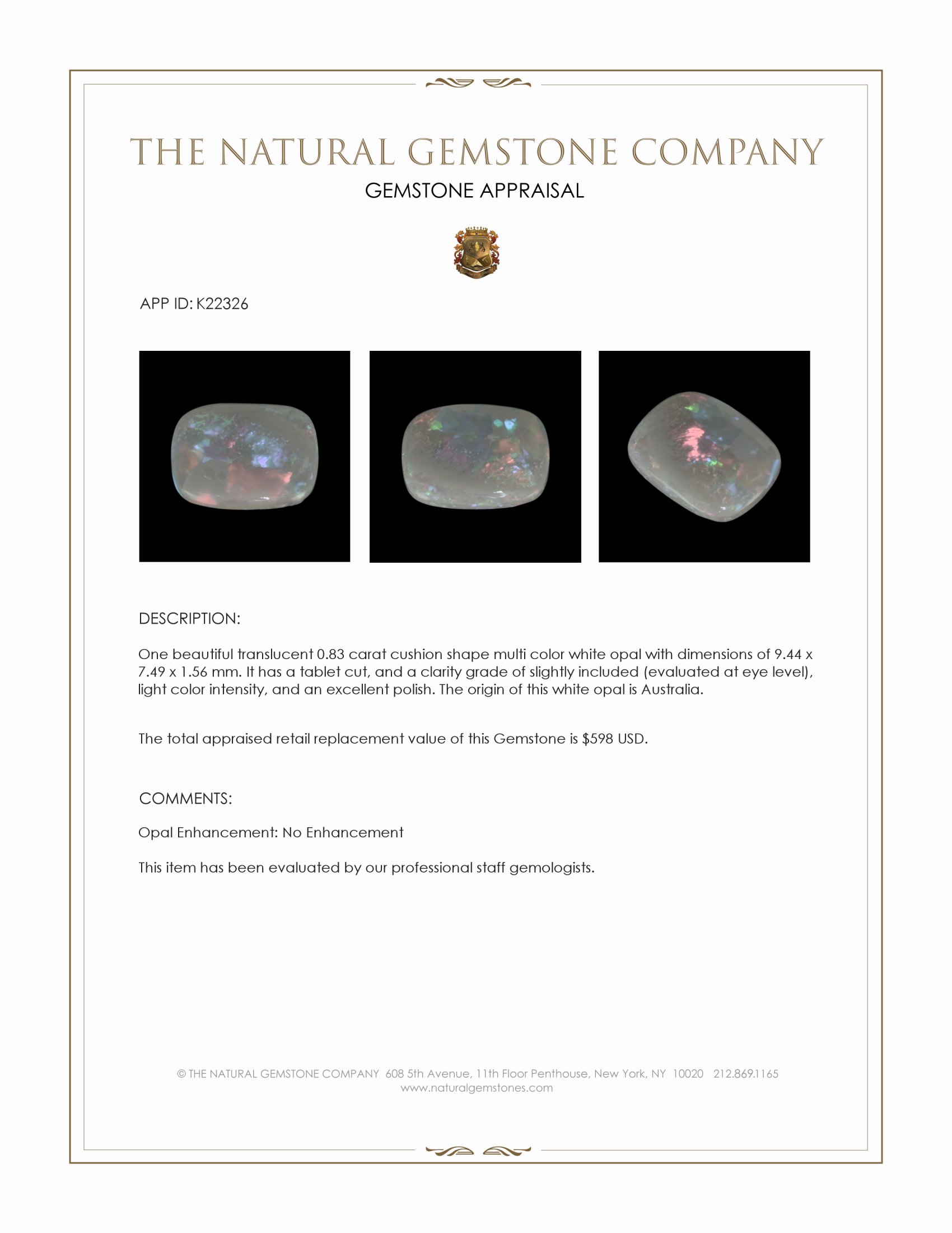 0.83 Ct. White Opal from Australia