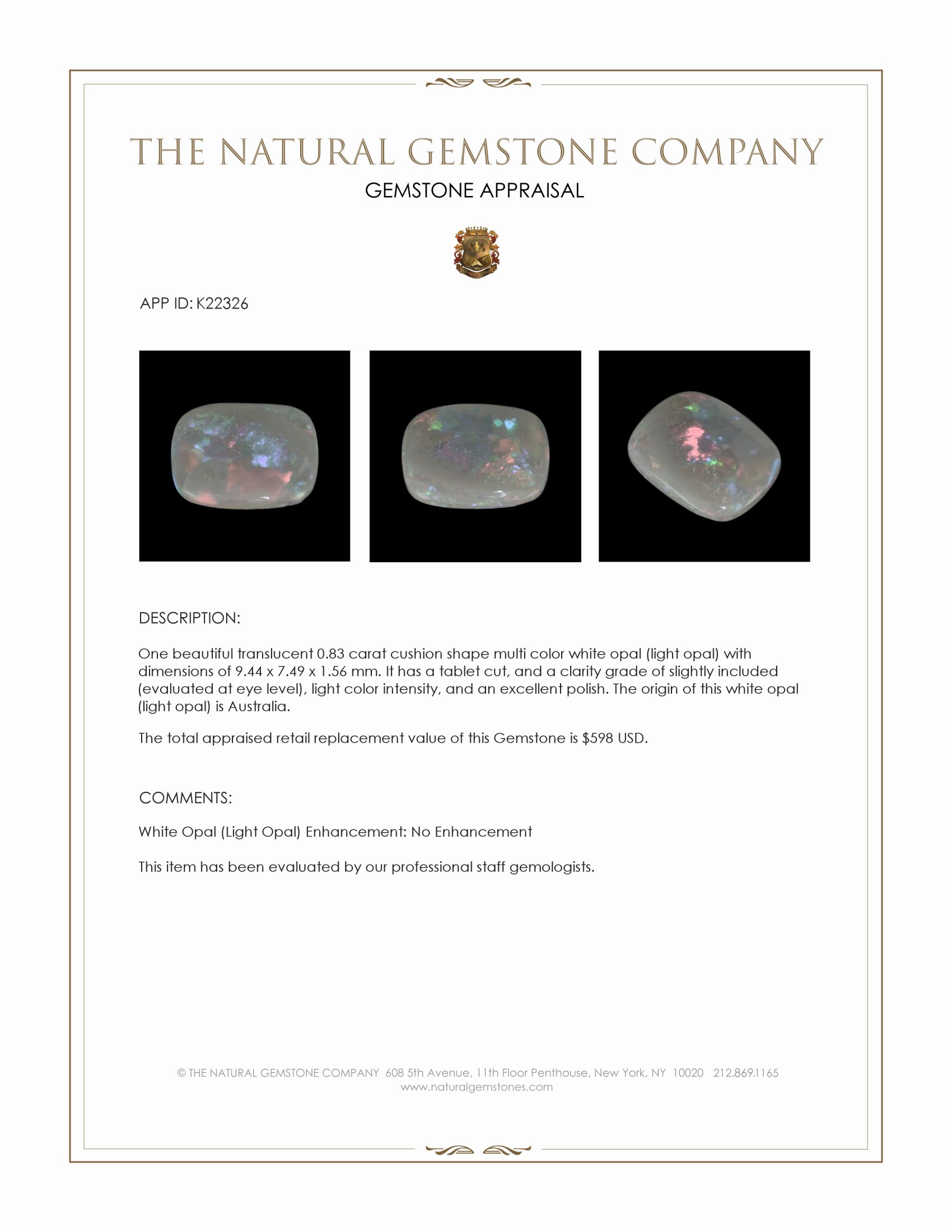 0.83 Ct. Multi Color White Opal (Light Opal) from Australia