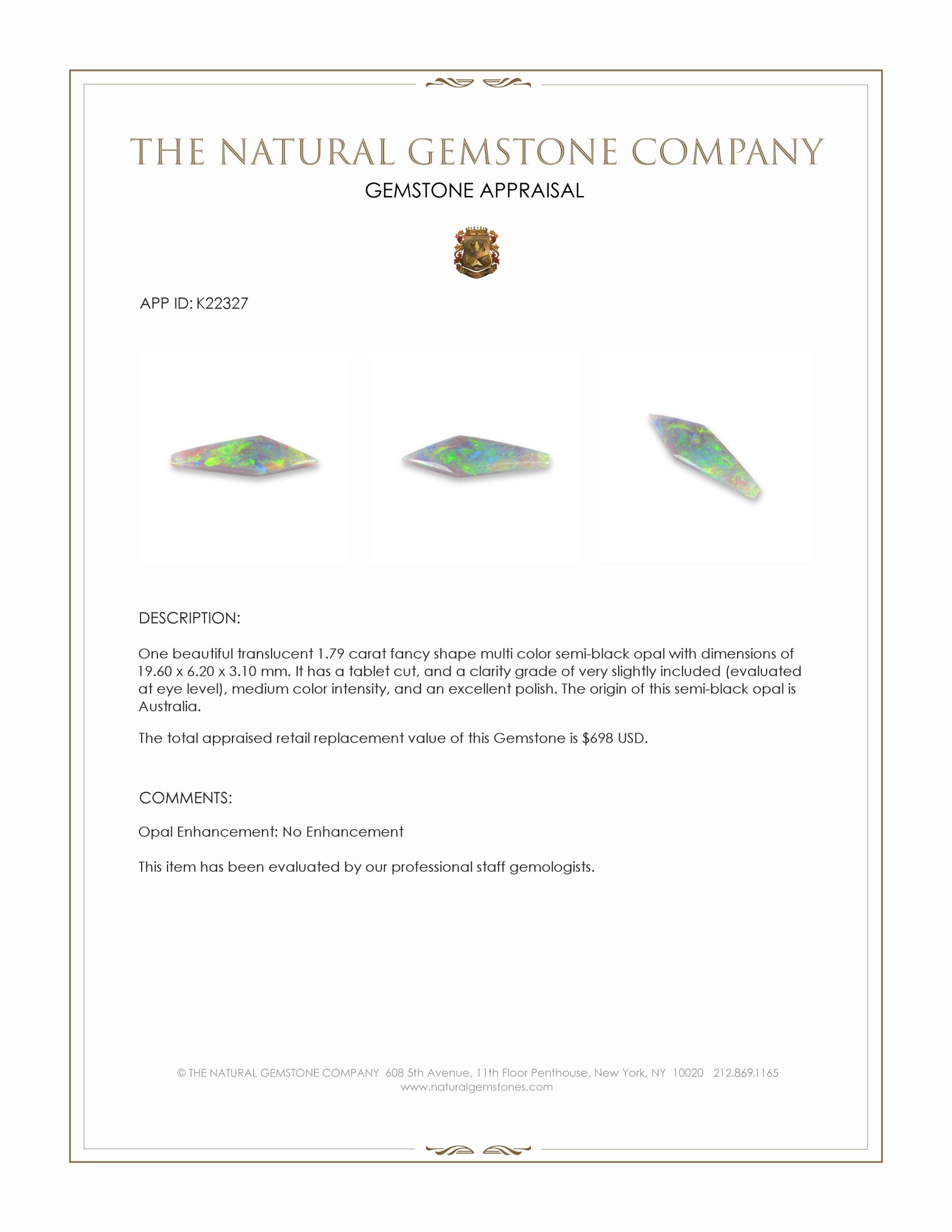 1.79 Ct. Multi Color Semi-Black Opal from Australia