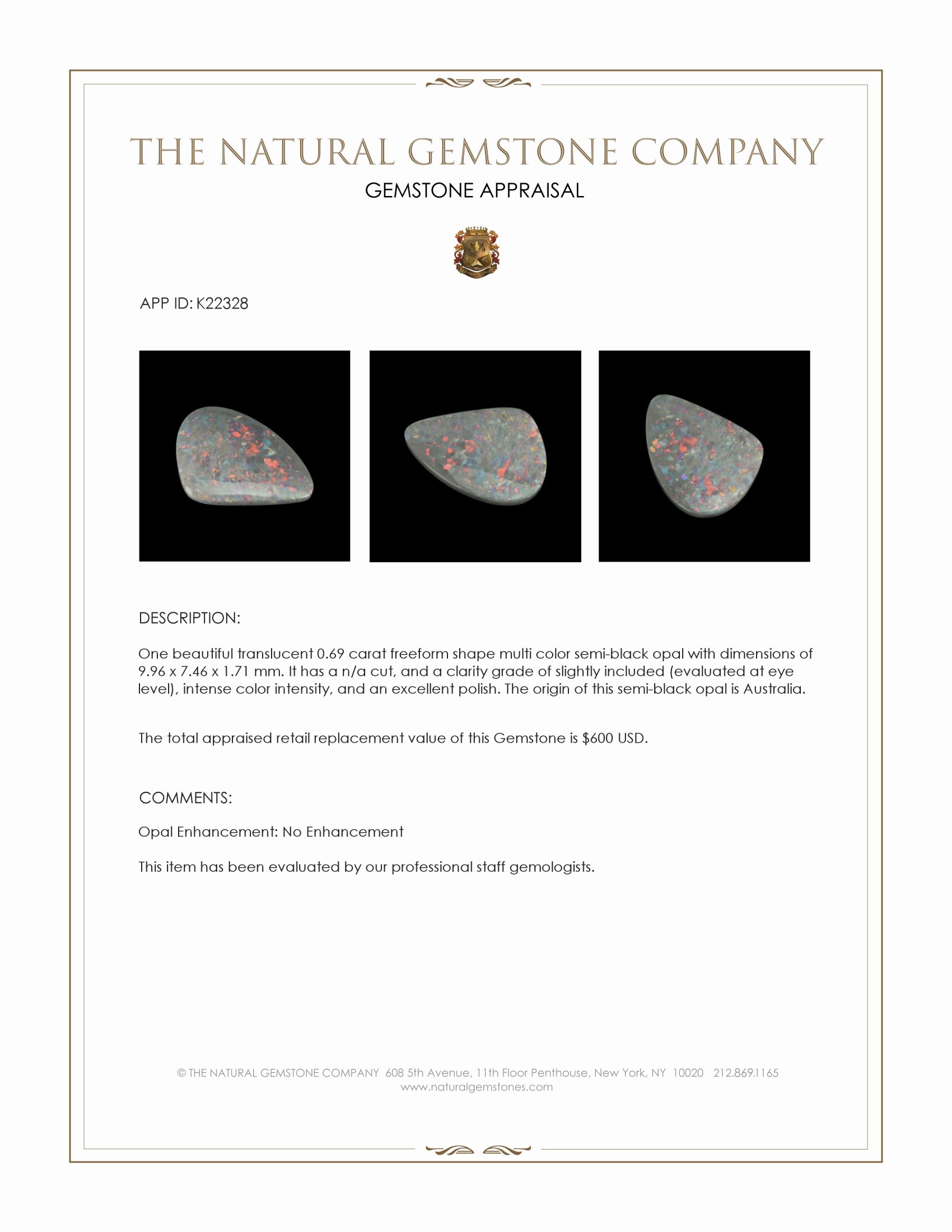 0.69 Ct. Cabochon Semi-Black Opal from Australia