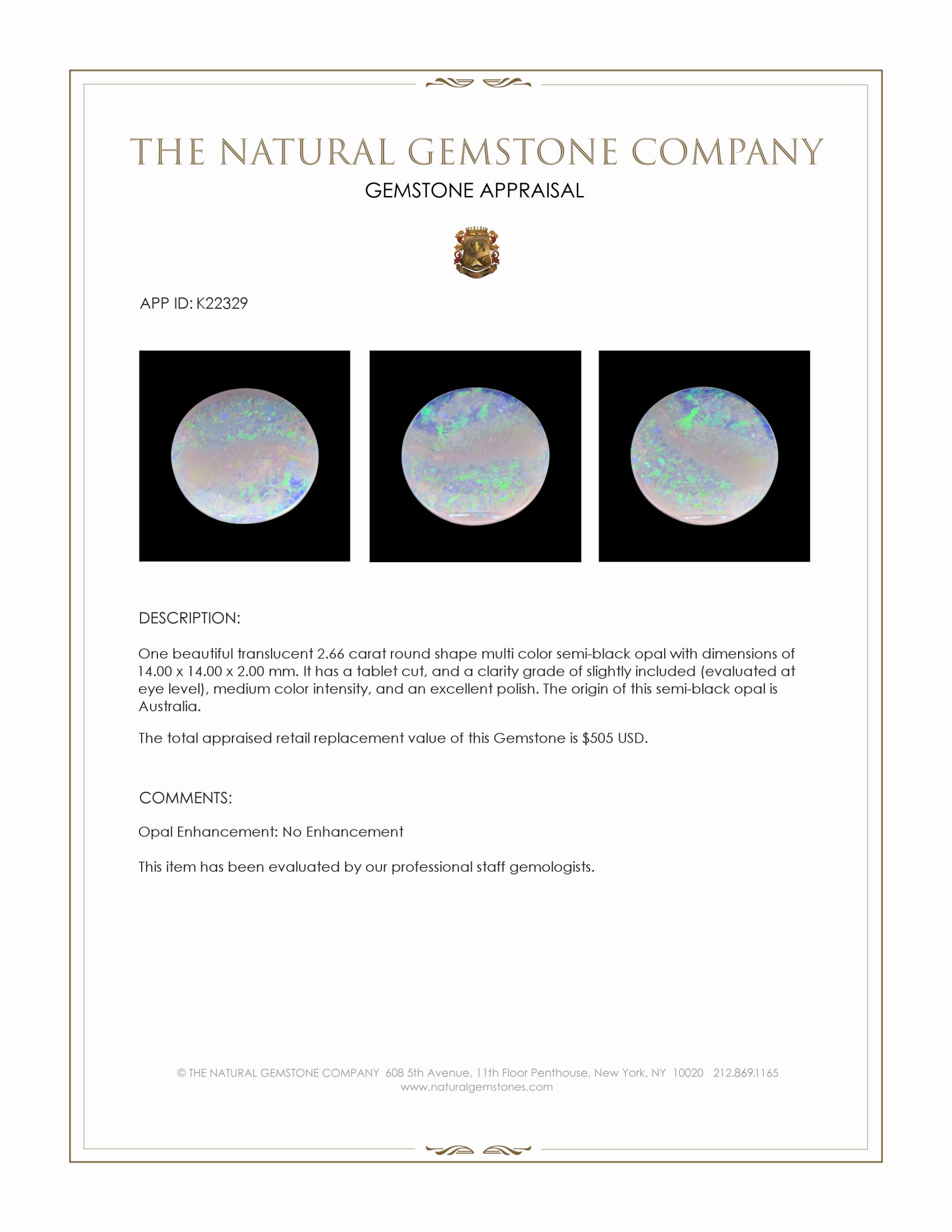 2.66 Ct. Semi-Black Opal from Australia