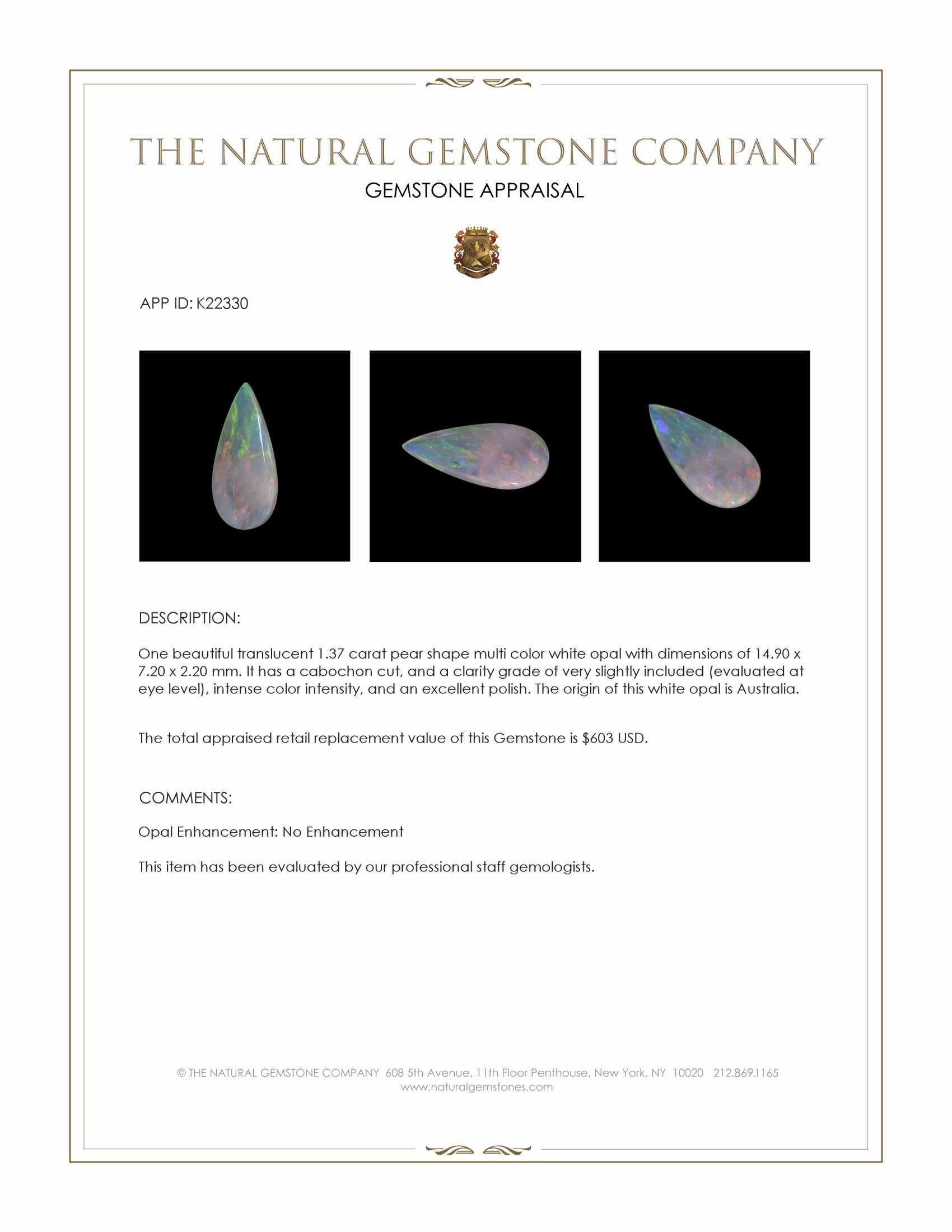 1.37 Ct. Cabochon White Opal from Australia