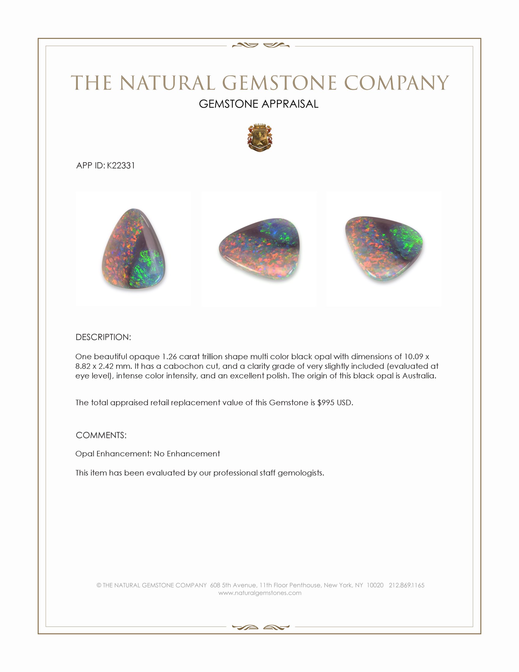 1.26 Ct. Cabochon Black Opal from Australia