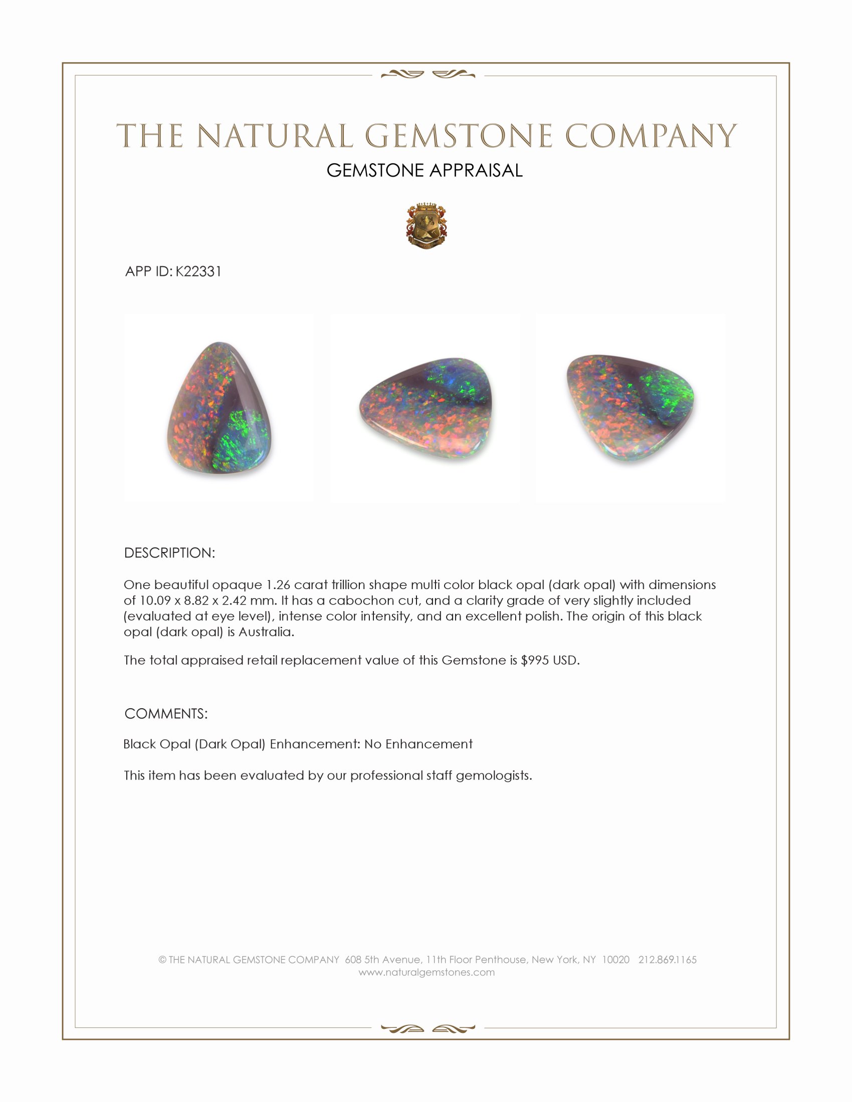 1.26 Ct. Multi Color Cabochon Black Opal (Dark Opal) from Australia