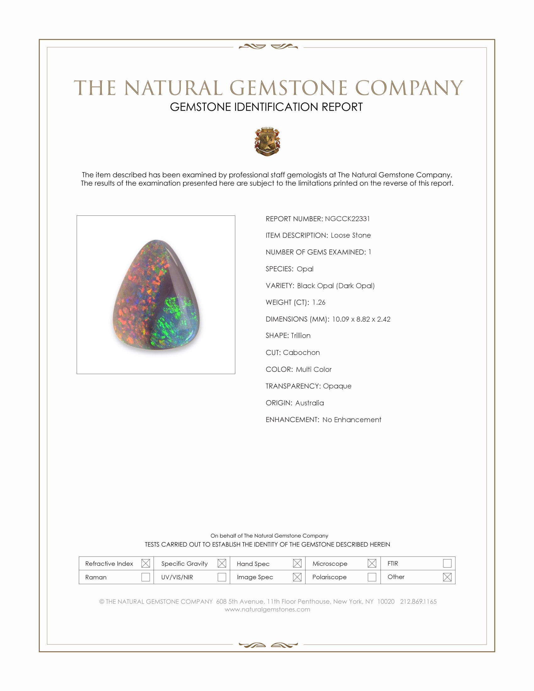 1.26 Ct. Multi Color Cabochon Black Opal (Dark Opal) from Australia