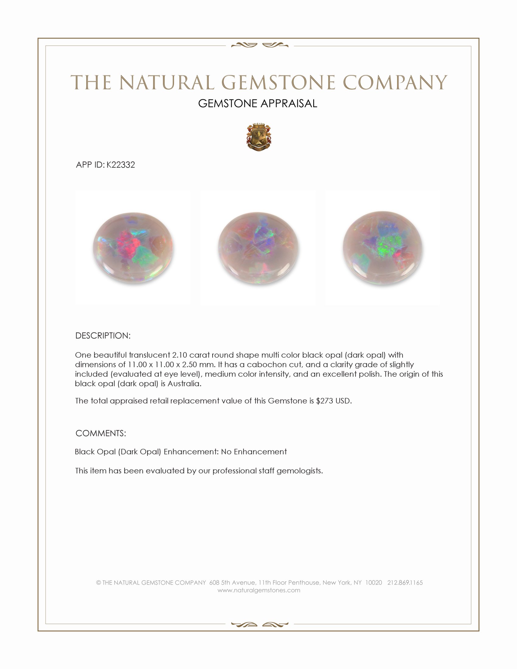 2.10 Ct. Multi Color Cabochon Black Opal (Dark Opal) from Australia