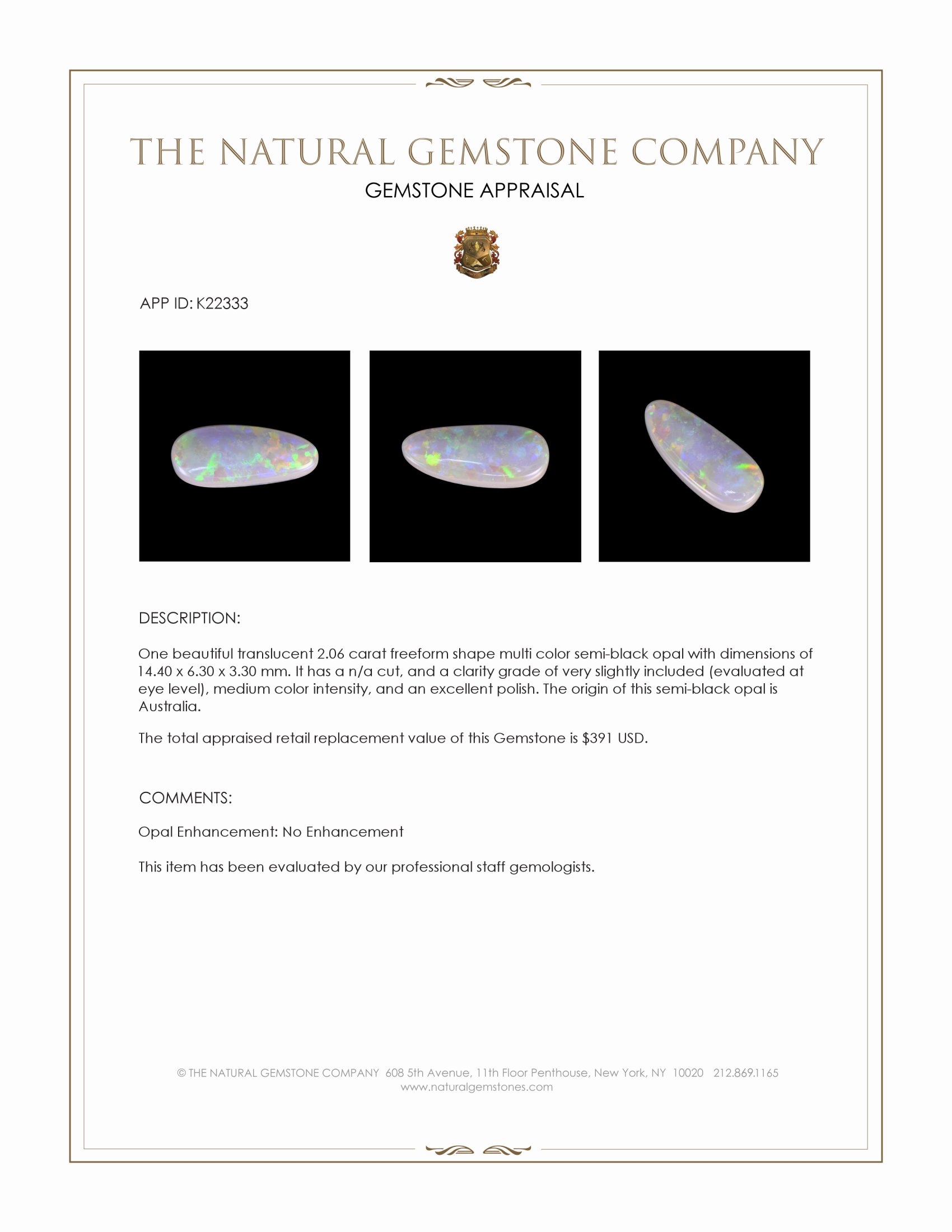 2.06 Ct. Cabochon Semi-Black Opal from Australia