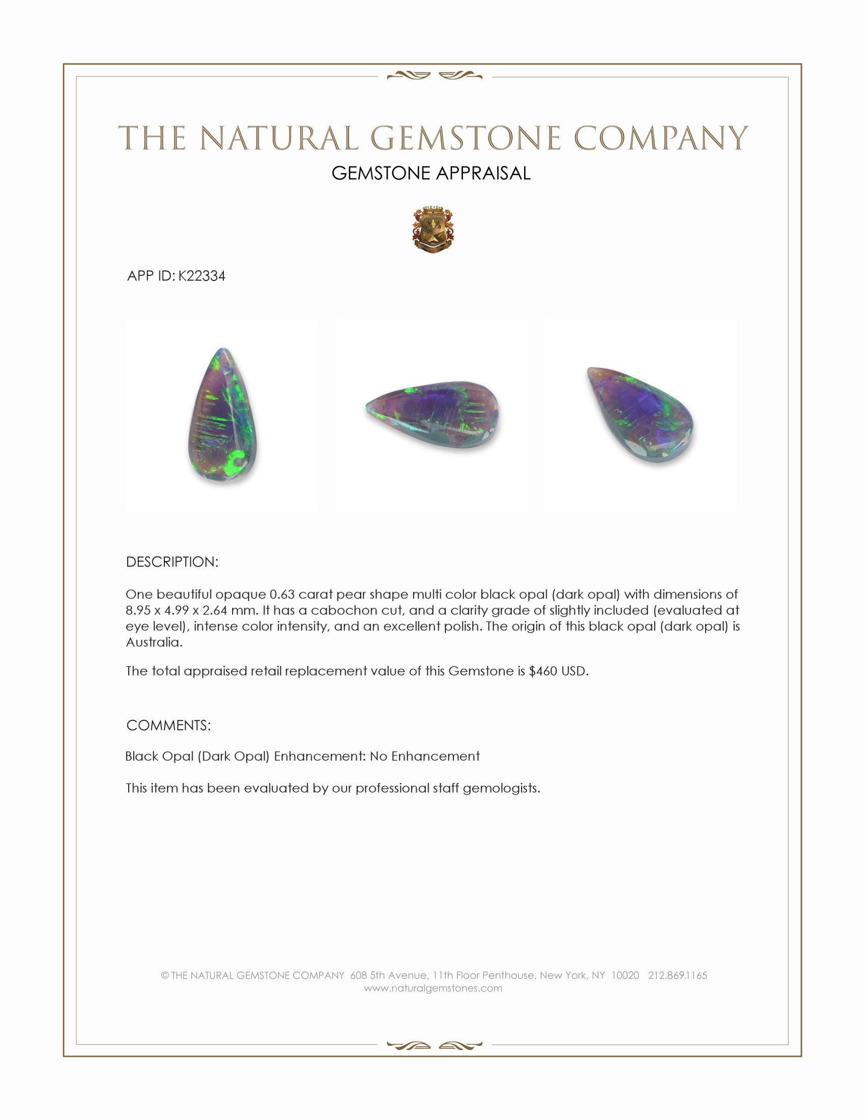 0.63 Ct. Multi Color Cabochon Black Opal (Dark Opal) from Australia