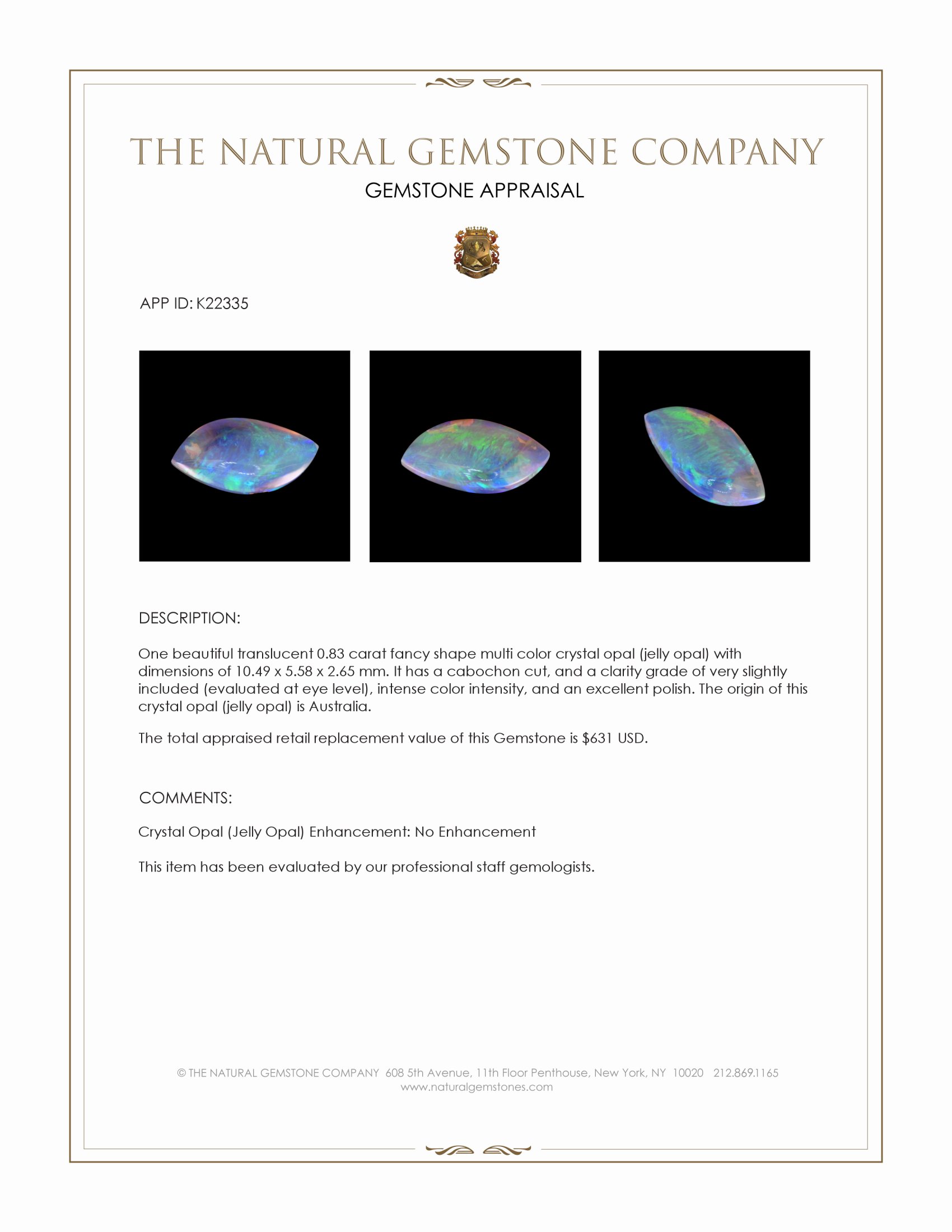 0.83 Ct. Multi Color Cabochon Crystal Opal (Jelly Opal) from Australia