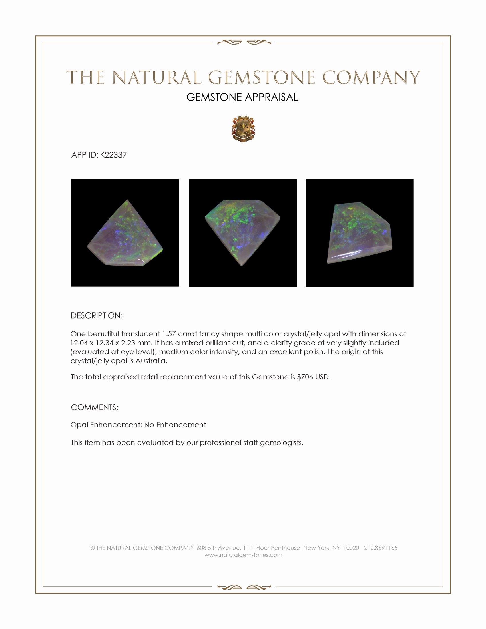 1.57 Ct. Crystal/Jelly Opal from Australia