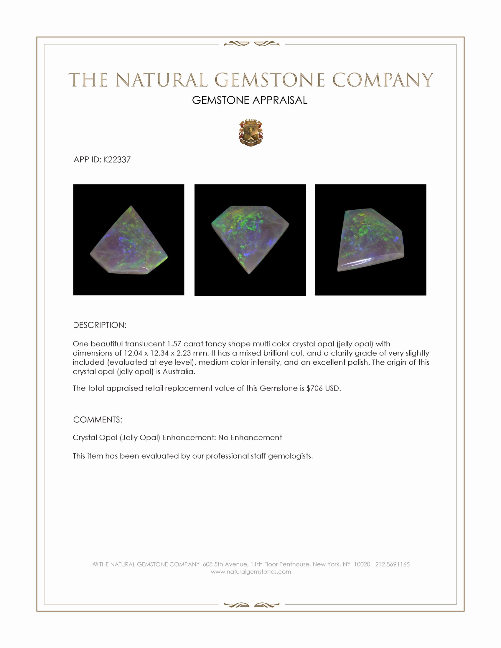 1.57 Ct. Multi Color Crystal Opal (Jelly Opal) from Australia