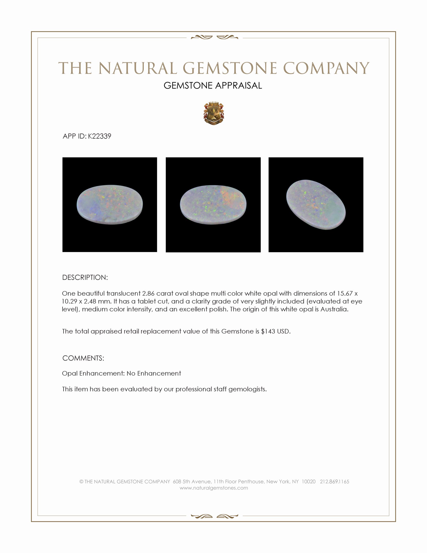 2.86 Ct. White Opal from Australia