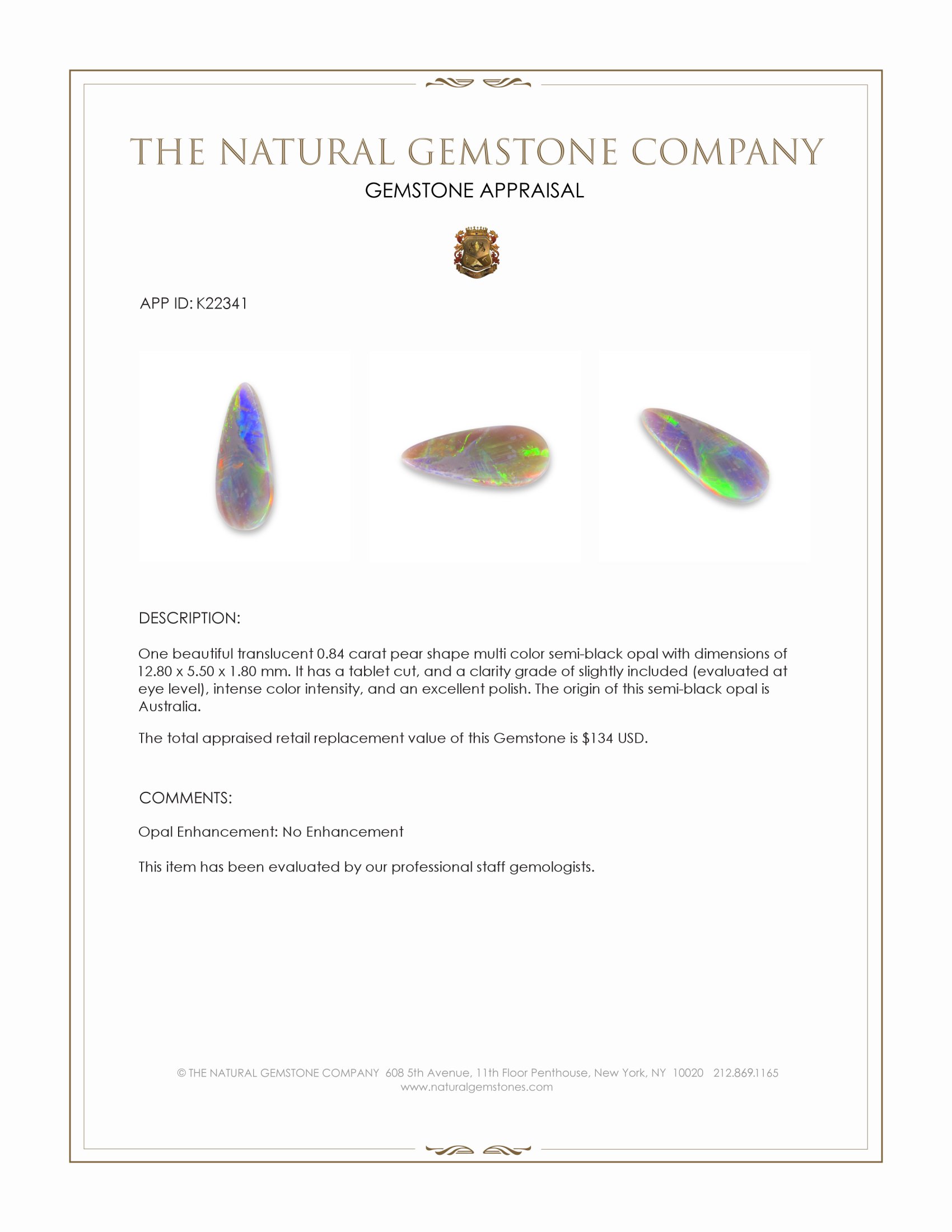 0.84 Ct. Semi-Black Opal from Australia