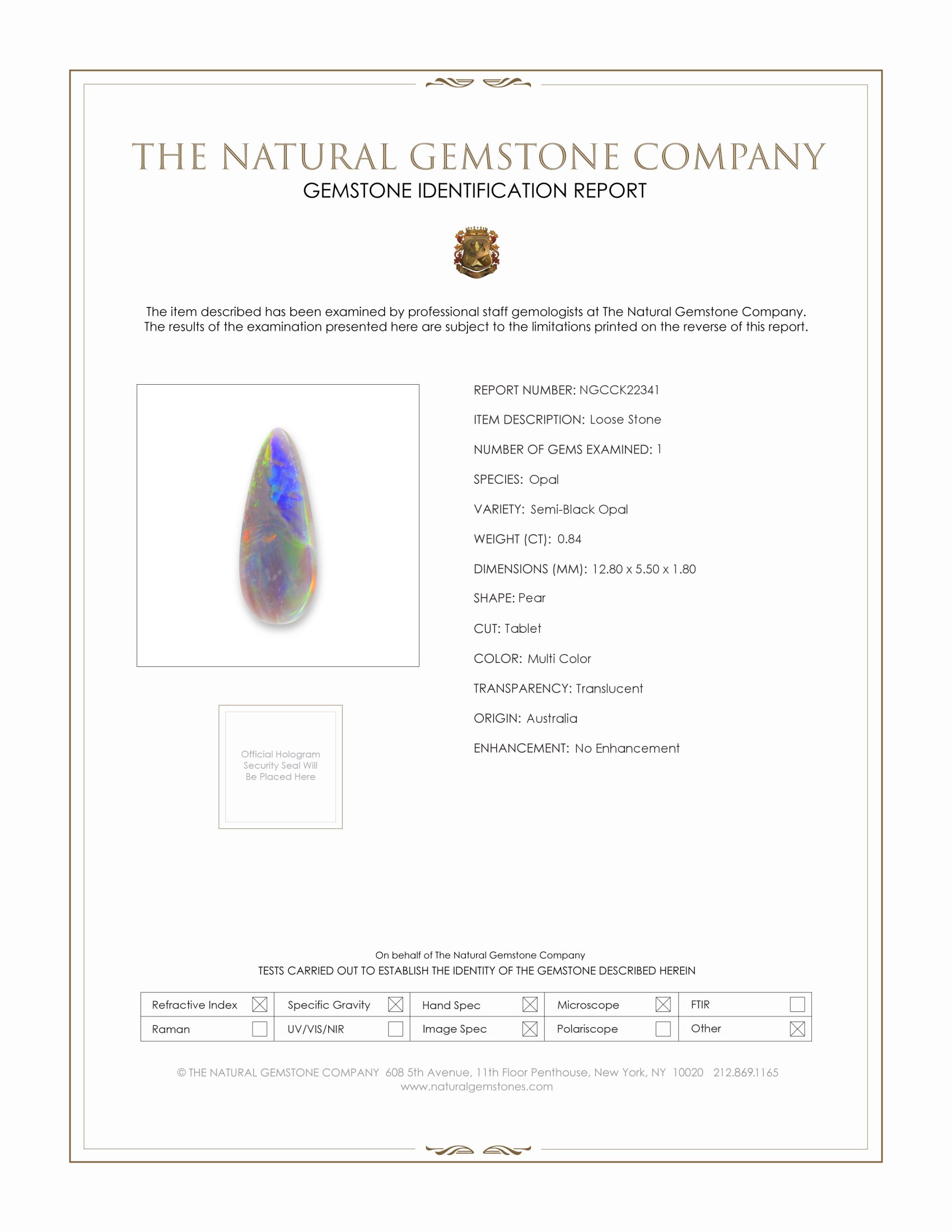 0.84 Ct. Multi Color Semi-Black Opal from Australia
