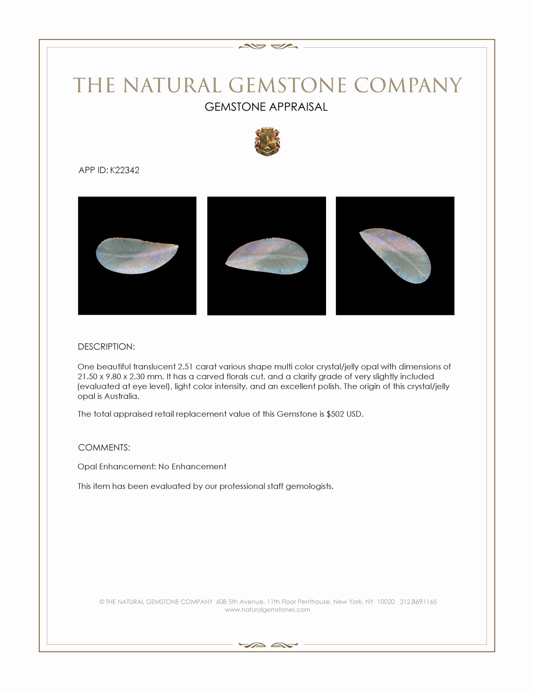 2.51 Ct. Multi Color Crystal/Jelly Opal from Australia